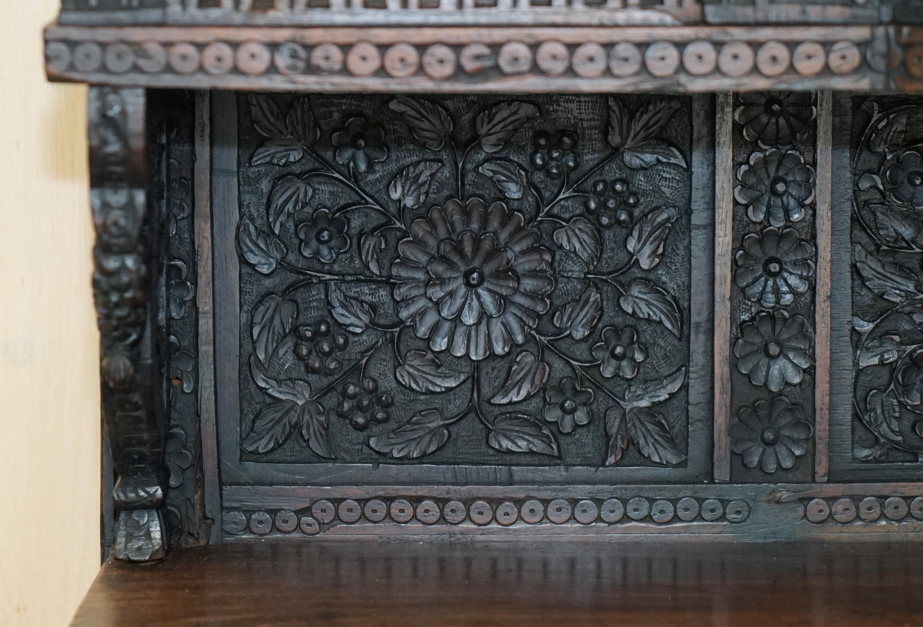 Antique circa 1860 Ornately Hand Carved Burmese Temple Dresser Sideboard Cabinet For Sale 3