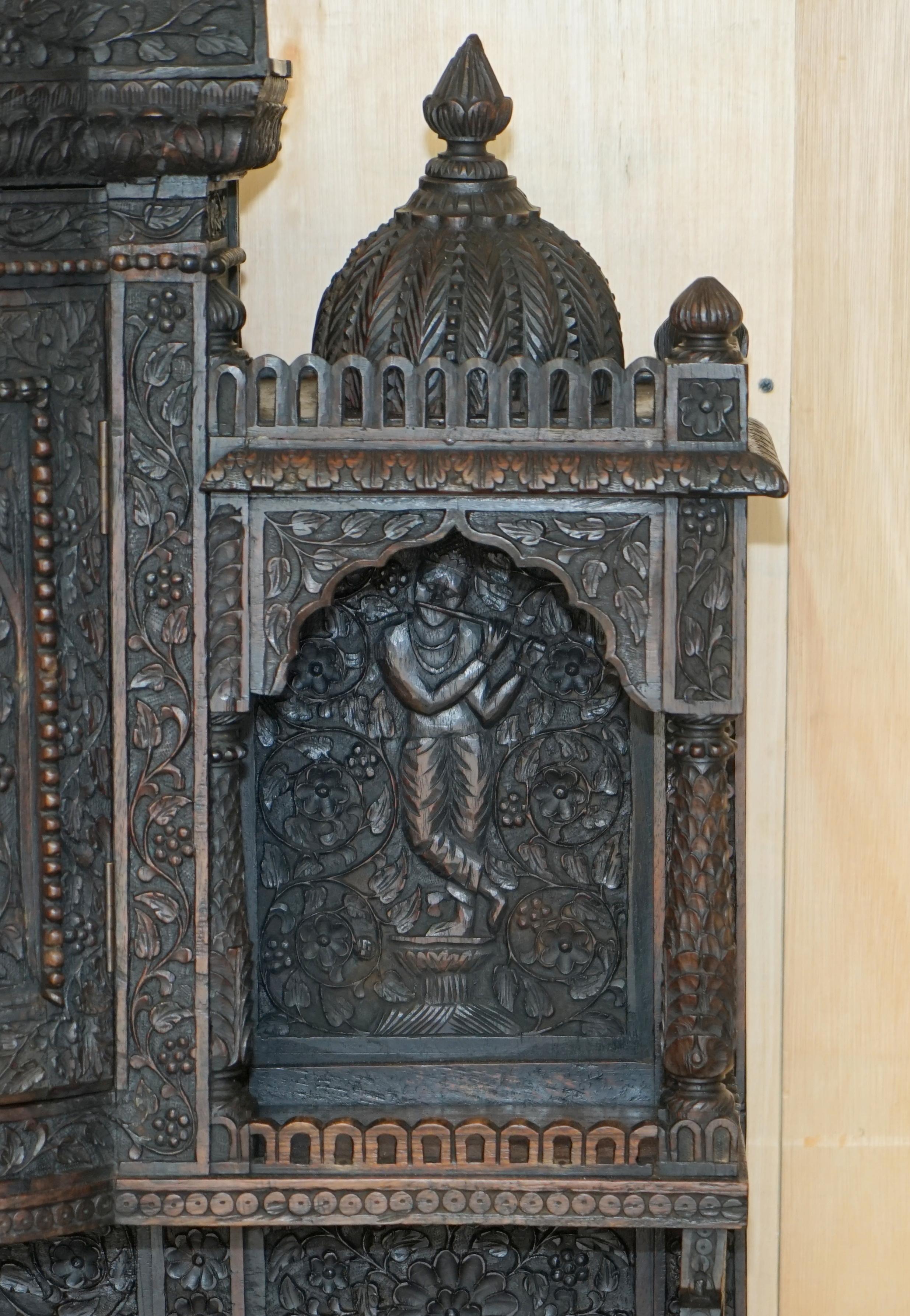 Hardwood Antique circa 1860 Ornately Hand Carved Burmese Temple Dresser Sideboard Cabinet For Sale