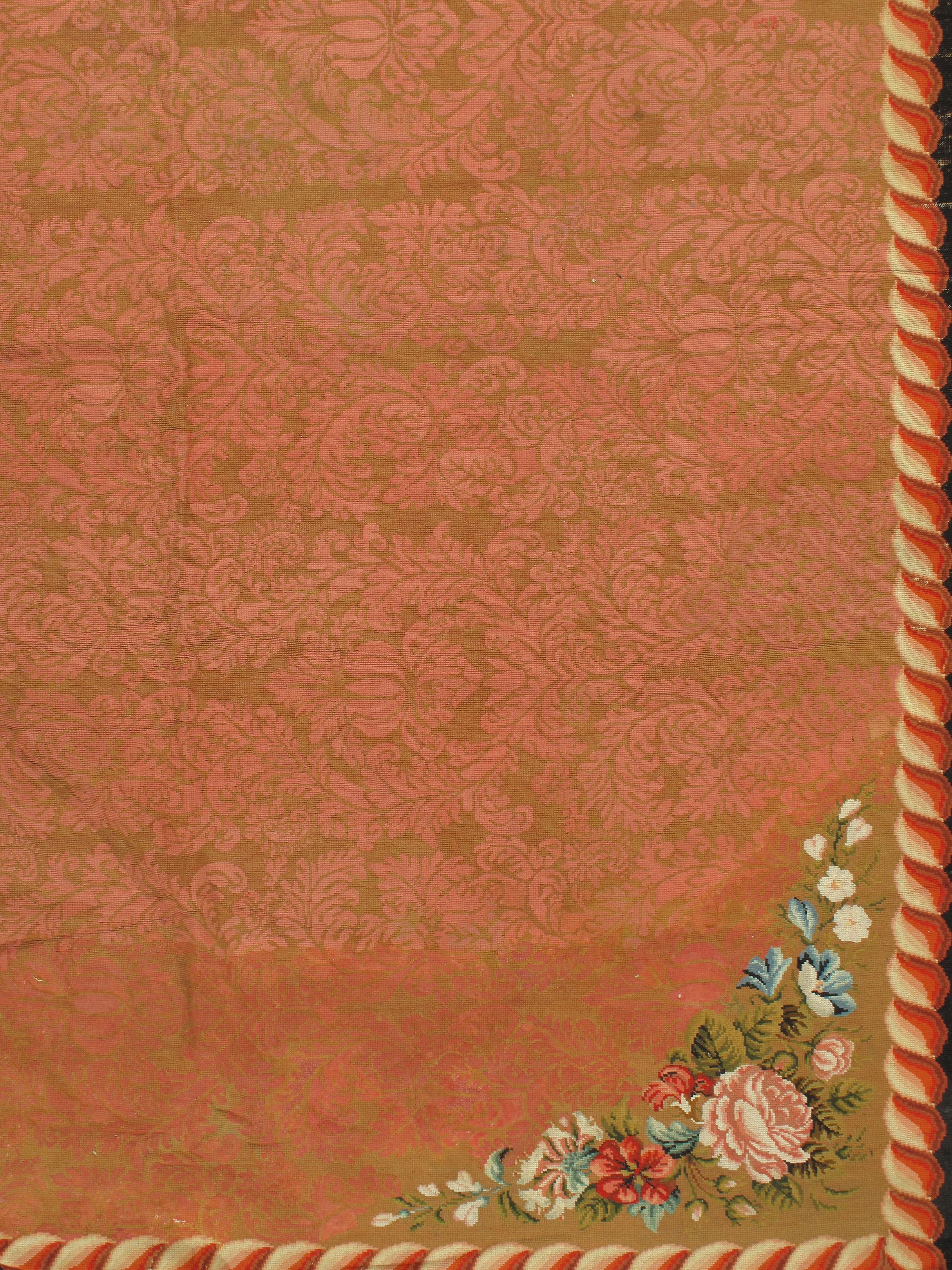 Antique  circa 1860 Pink English Needlepoint Gallery Size Rug, 11'6 x 20'. Bon état - En vente à New York, NY