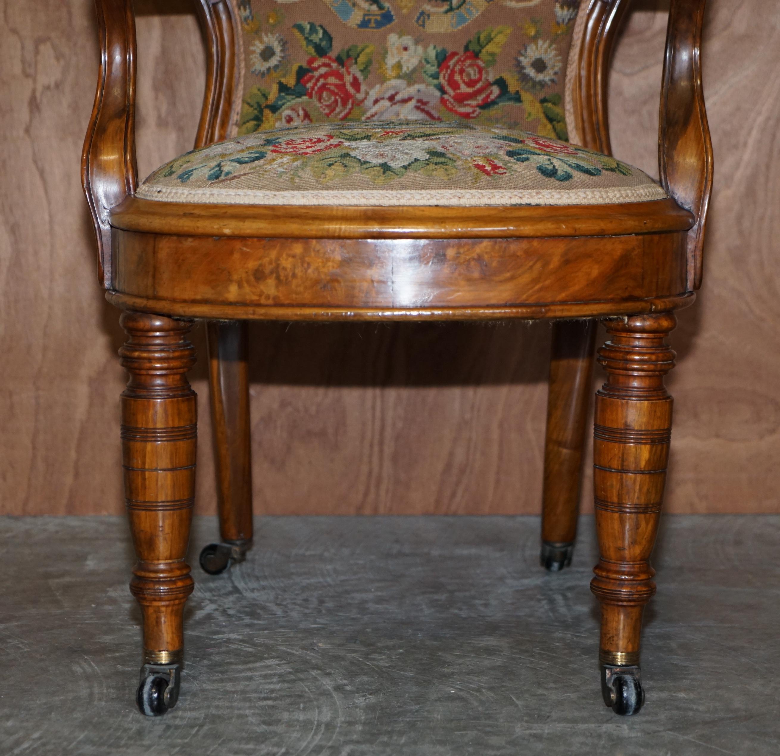 Antique circa 1860 Victorian Burr Walnut Armchair Royal Coat of Arms Armorial For Sale 4