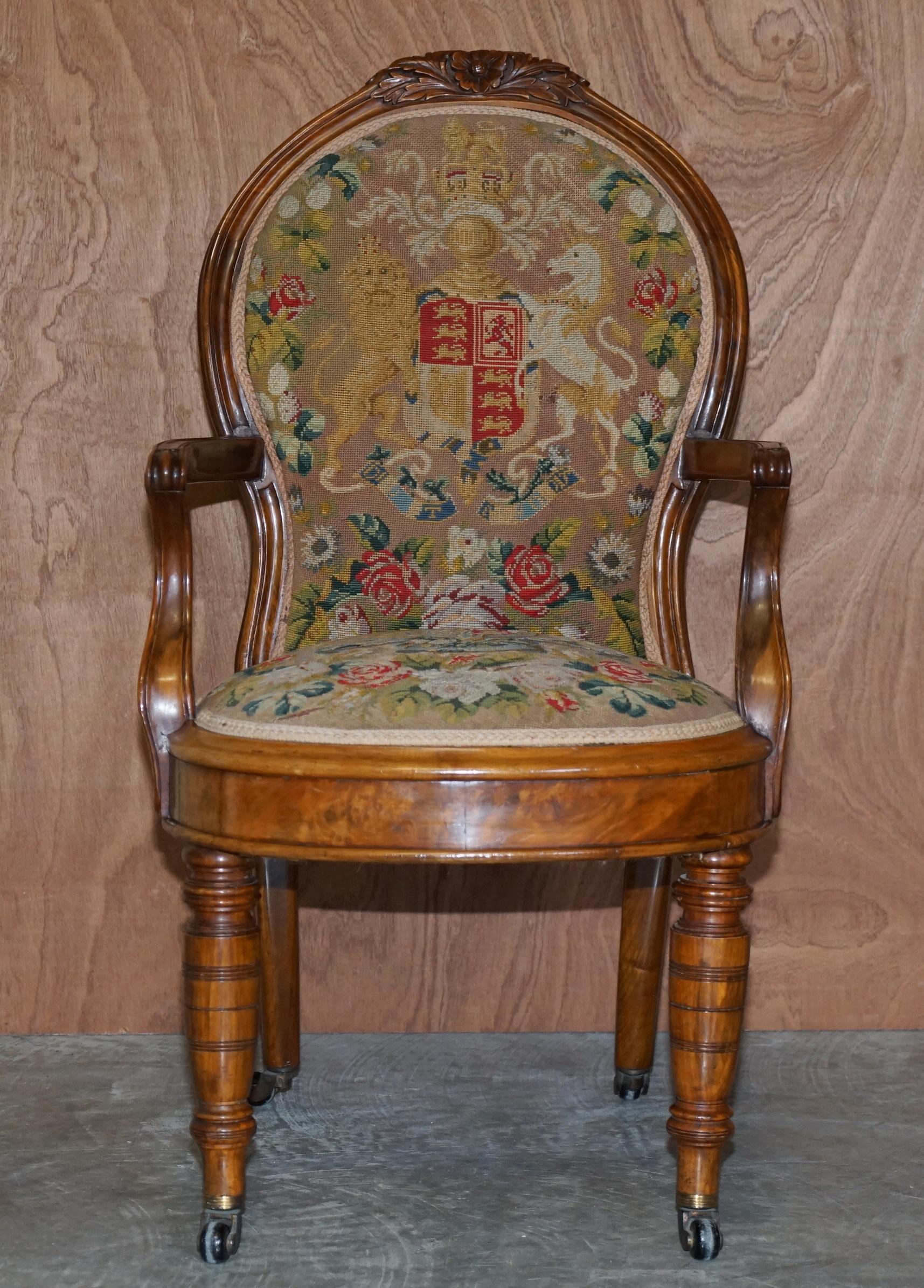 We are delighted to offer for sale this truly sublime, high Victorian Burr Walnut occasional chair with truly exquisite Royal Coat of Arms Armorial crest embroidered seat and back rests

This chair is a work of art, I can’t believe the embroidery