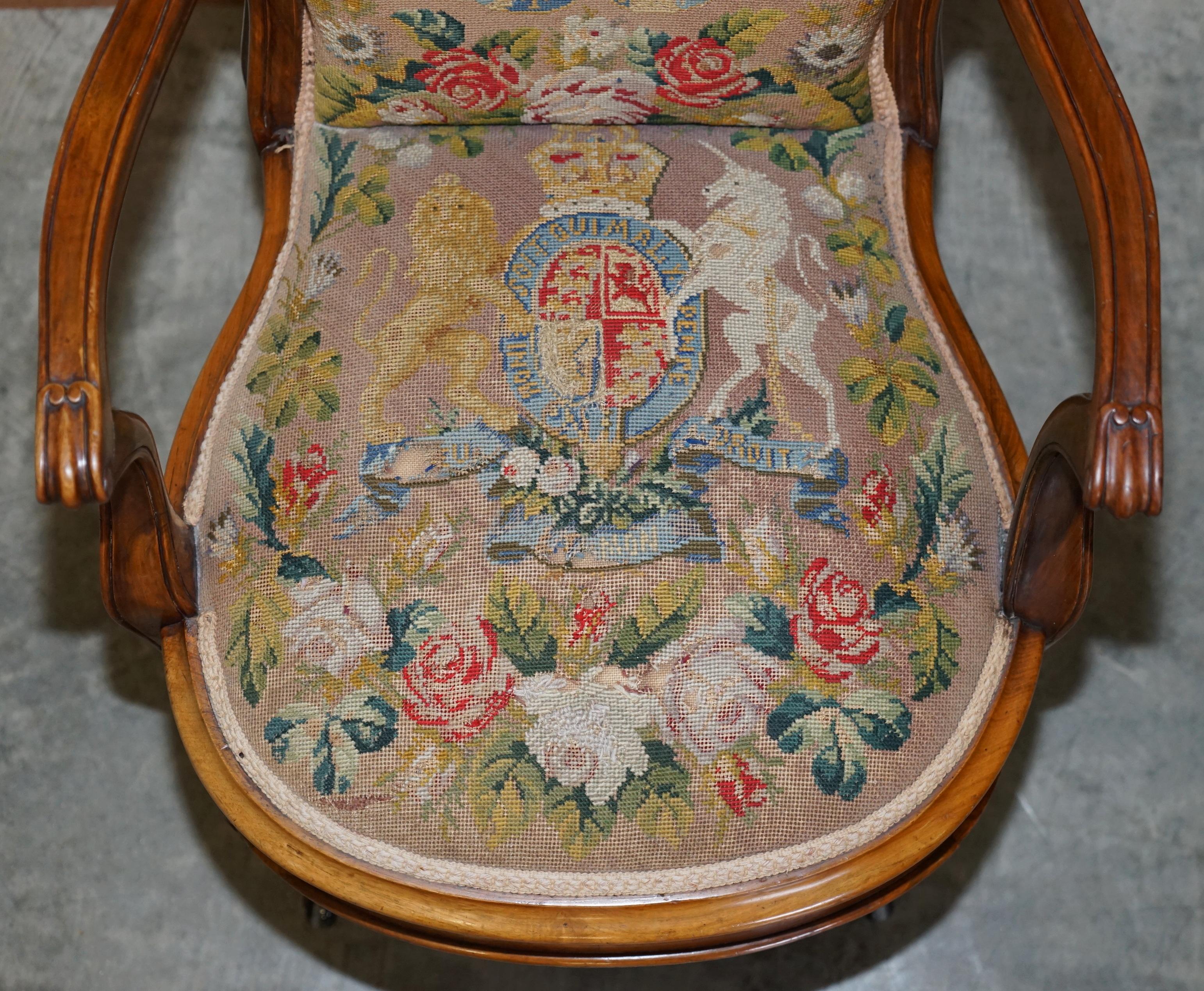 Hand-Crafted Antique circa 1860 Victorian Burr Walnut Armchair Royal Coat of Arms Armorial For Sale