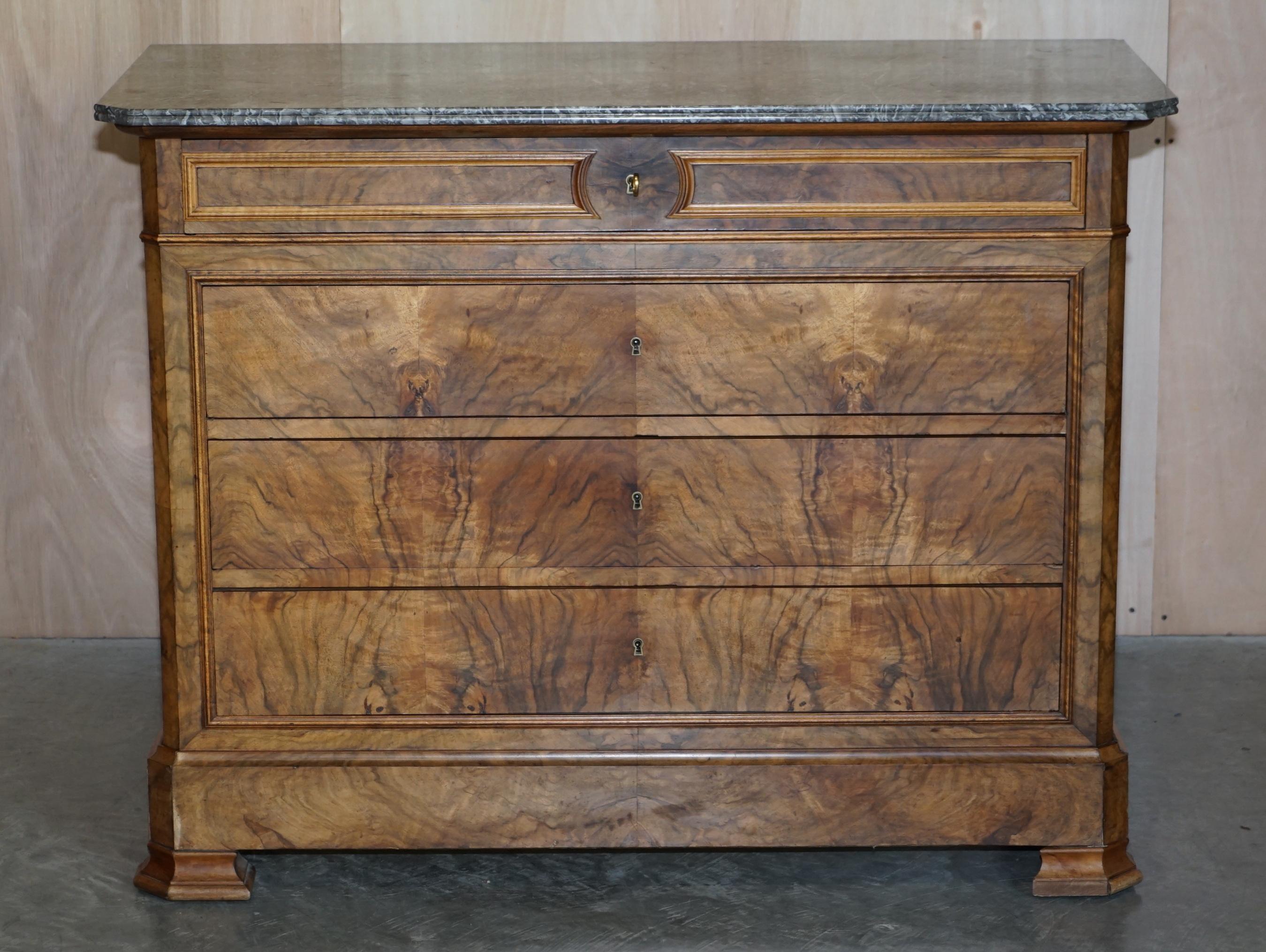 High Victorian Antique circa 1860 Walnut & Marble Topped Chest of Drawers with Original Key For Sale