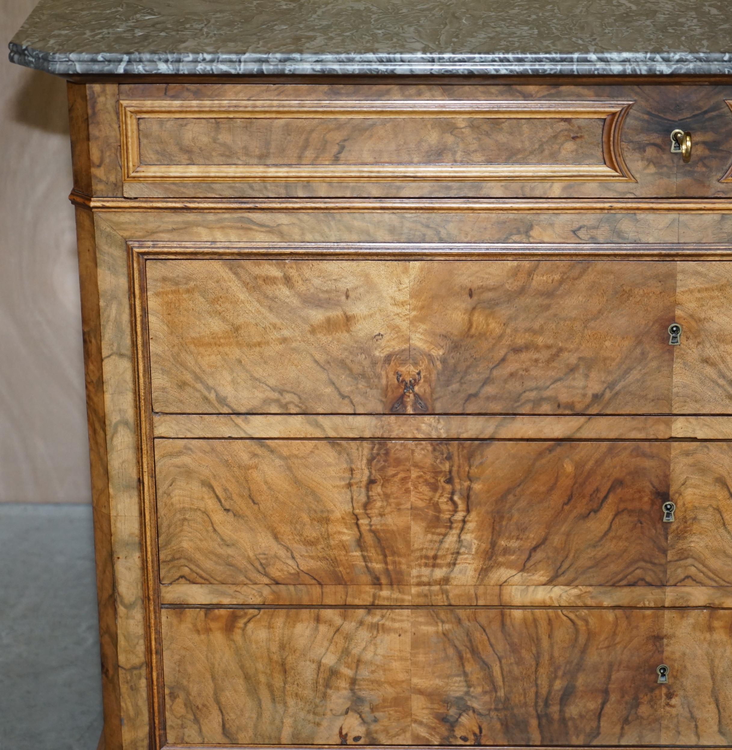 Hand-Crafted Antique circa 1860 Walnut & Marble Topped Chest of Drawers with Original Key For Sale
