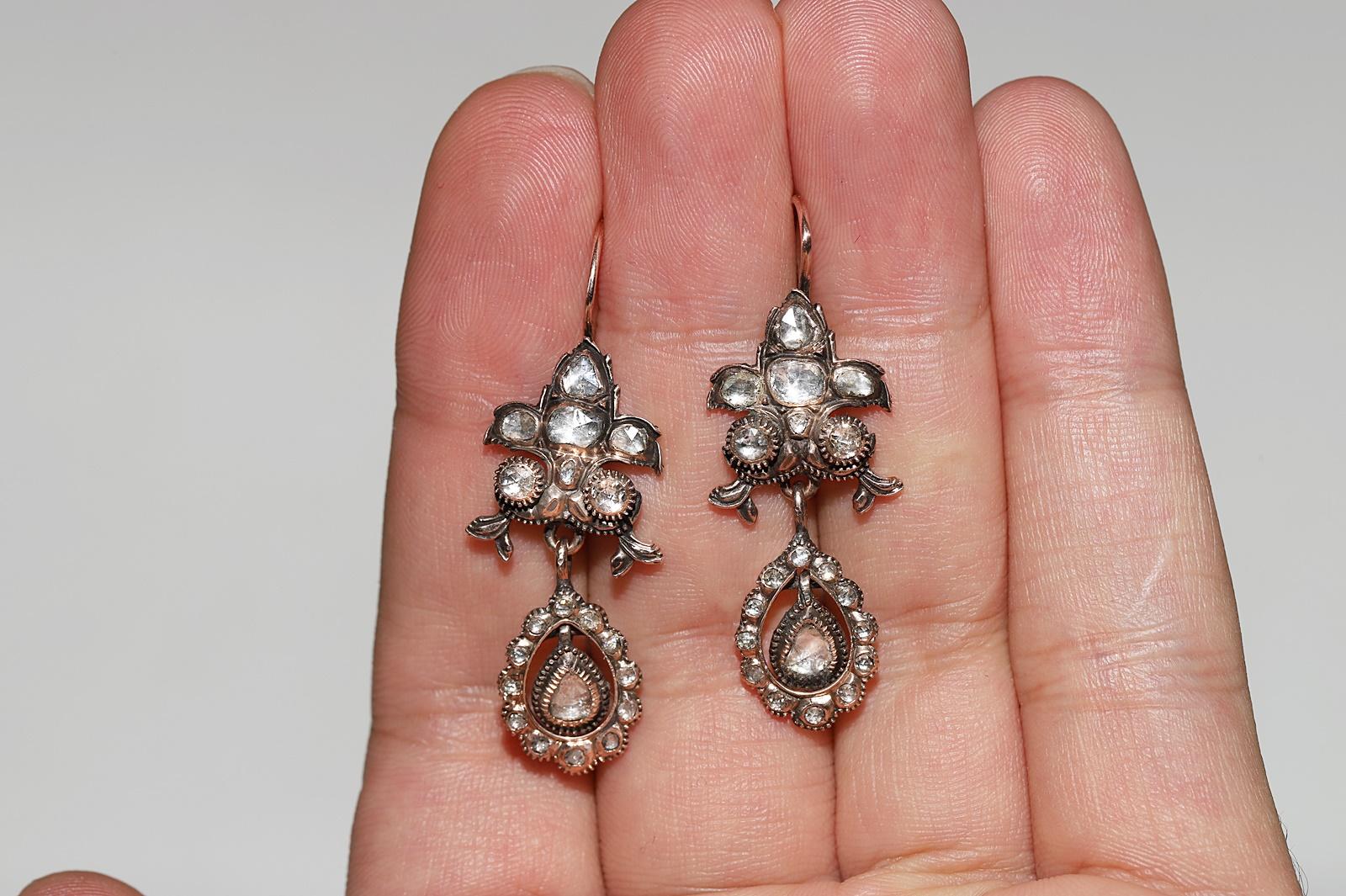 Antique Circa 1860s 8k Gold Natural Rose Cut Diamond Decorated Drop Earring For Sale 9