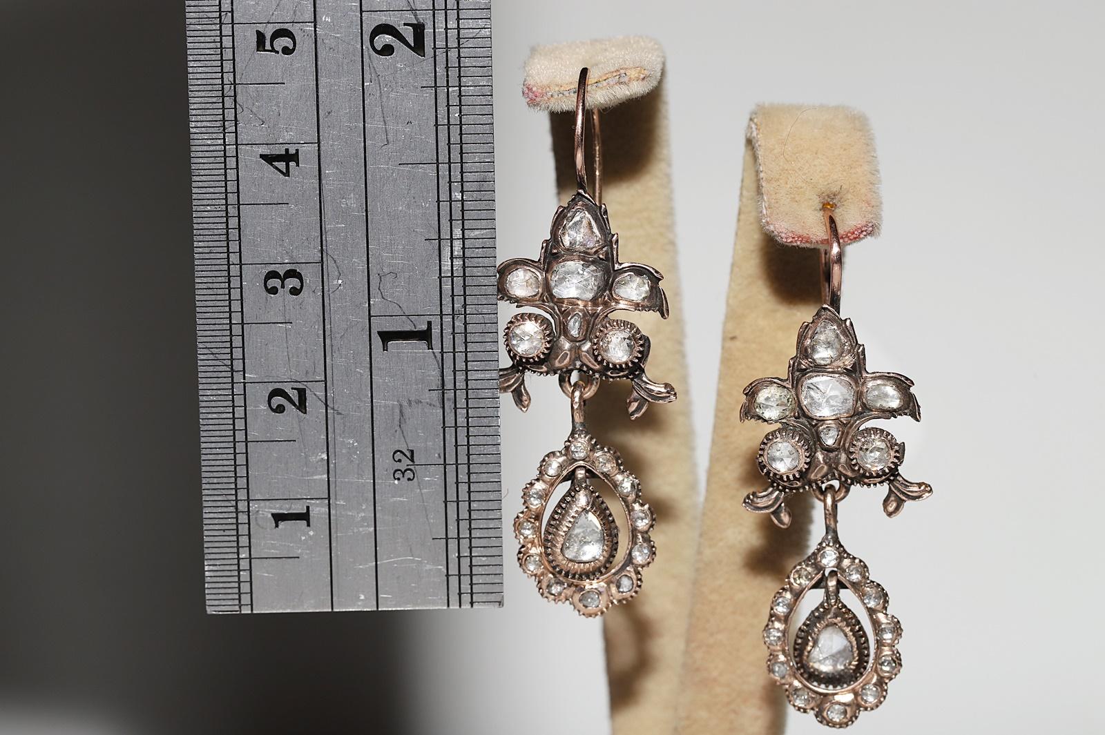Victorian Antique Circa 1860s 8k Gold Natural Rose Cut Diamond Decorated Drop Earring For Sale