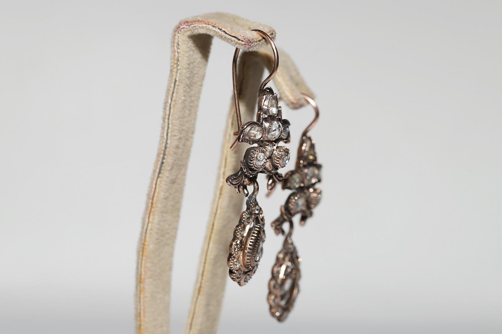 Antique Circa 1860s 8k Gold Natural Rose Cut Diamond Decorated Drop Earring In Good Condition For Sale In Fatih/İstanbul, 34