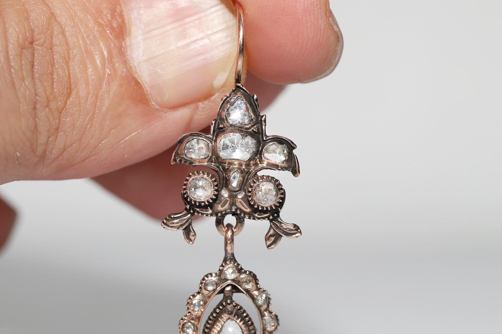 Antique Circa 1860s 8k Gold Natural Rose Cut Diamond Decorated Drop Earring For Sale 1