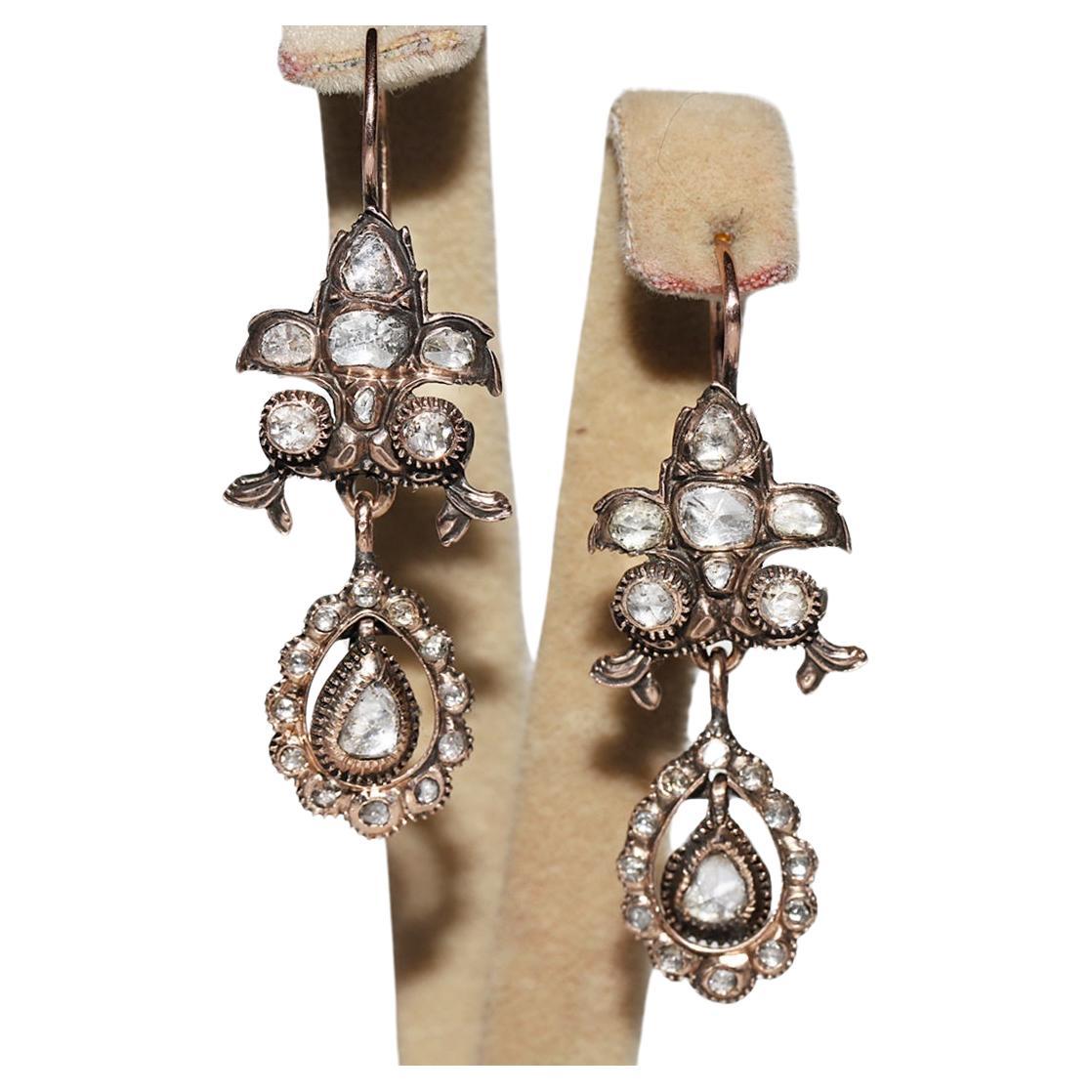 Antique Circa 1860s 8k Gold Natural Rose Cut Diamond Decorated Drop Earring For Sale