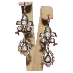Antique Circa 1860s 8k Gold Natural Rose Cut Diamond Decorated Drop Earring