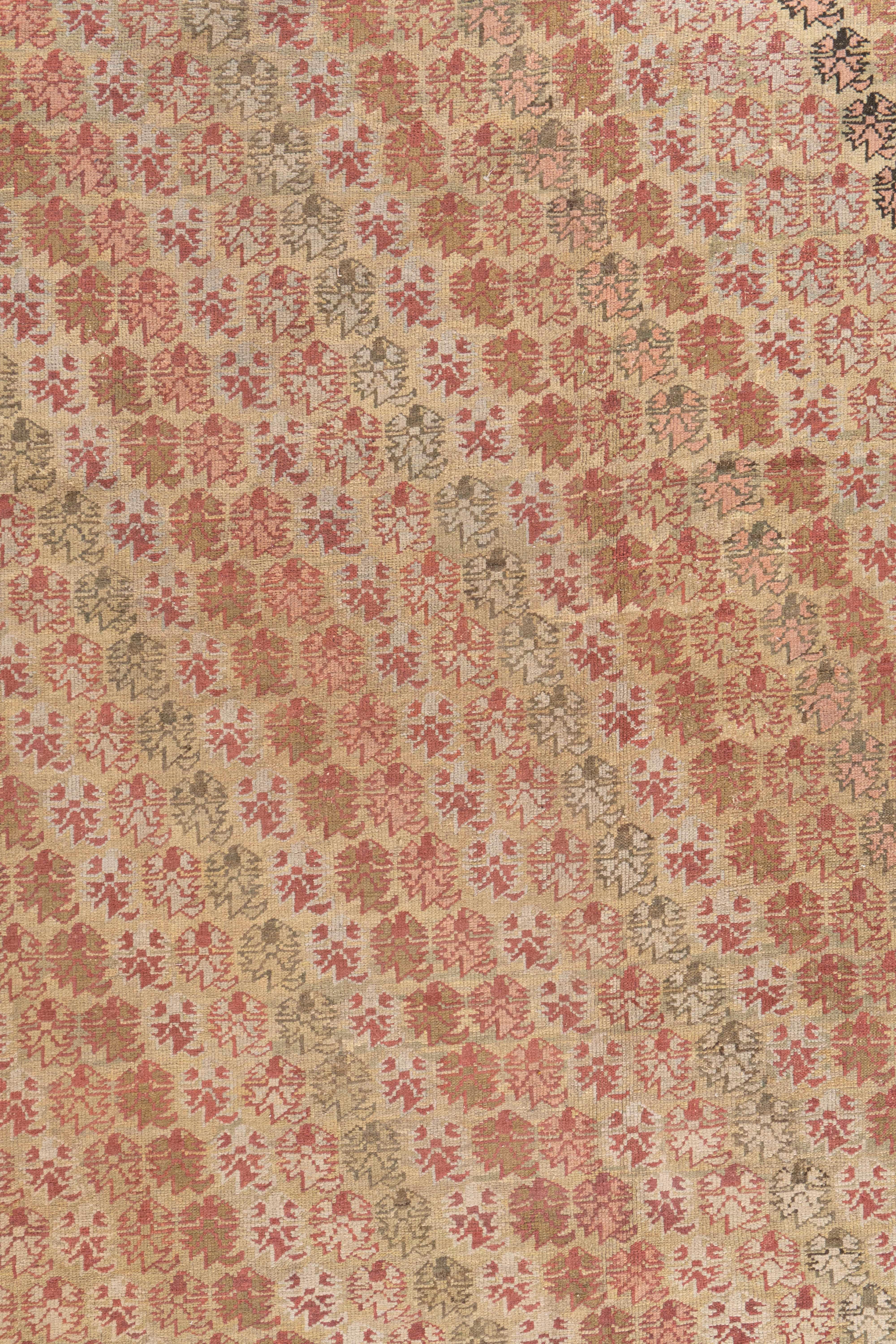 Antiker, handgeknüpfter, weicher, pfirsichfarbener, türkischer Ghiordes-Teppich aus der Zeit um 1870 13'8 X 17'7 im Angebot 4