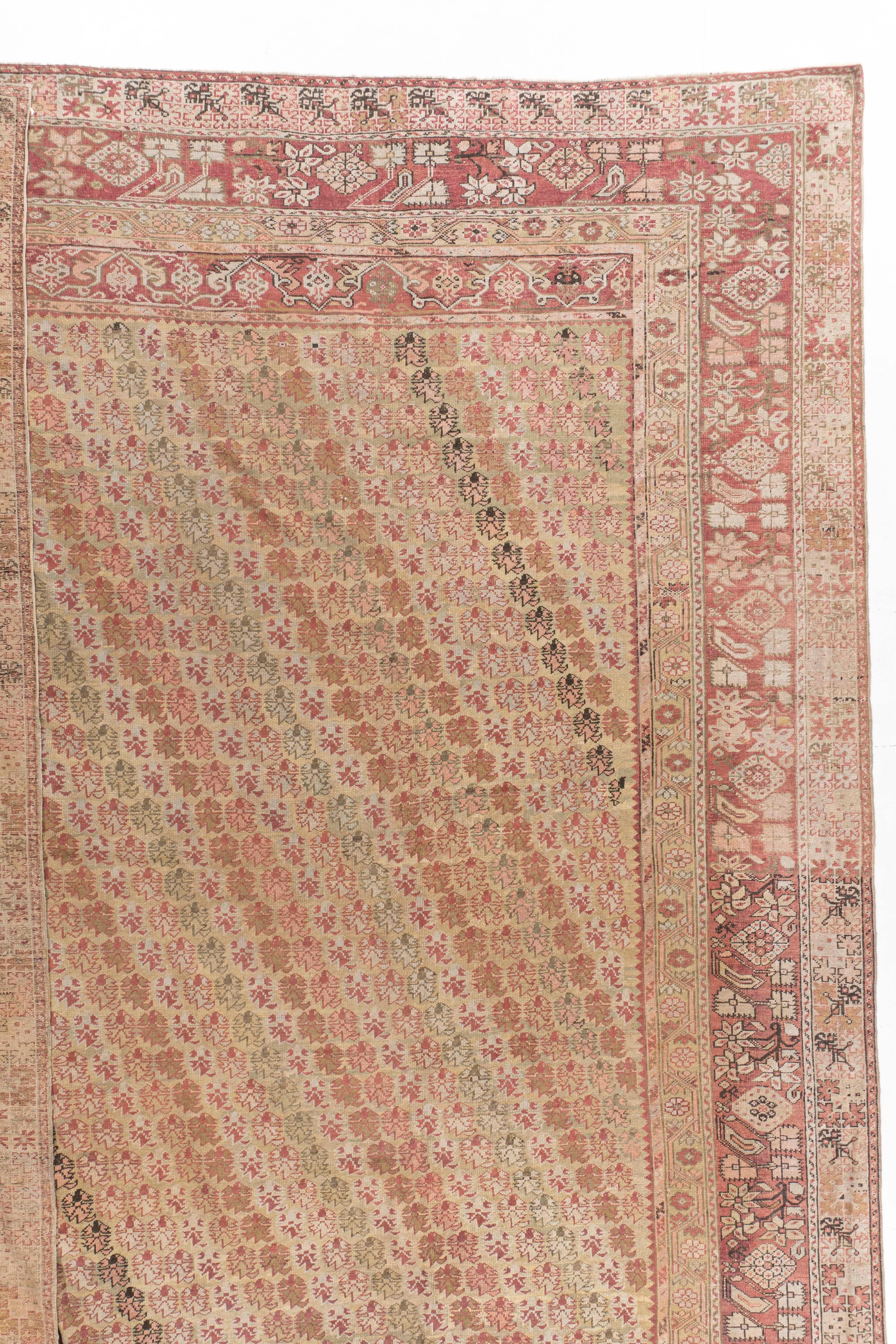 Antiker, handgeknüpfter, weicher, pfirsichfarbener, türkischer Ghiordes-Teppich aus der Zeit um 1870 13'8 X 17'7 im Angebot 5