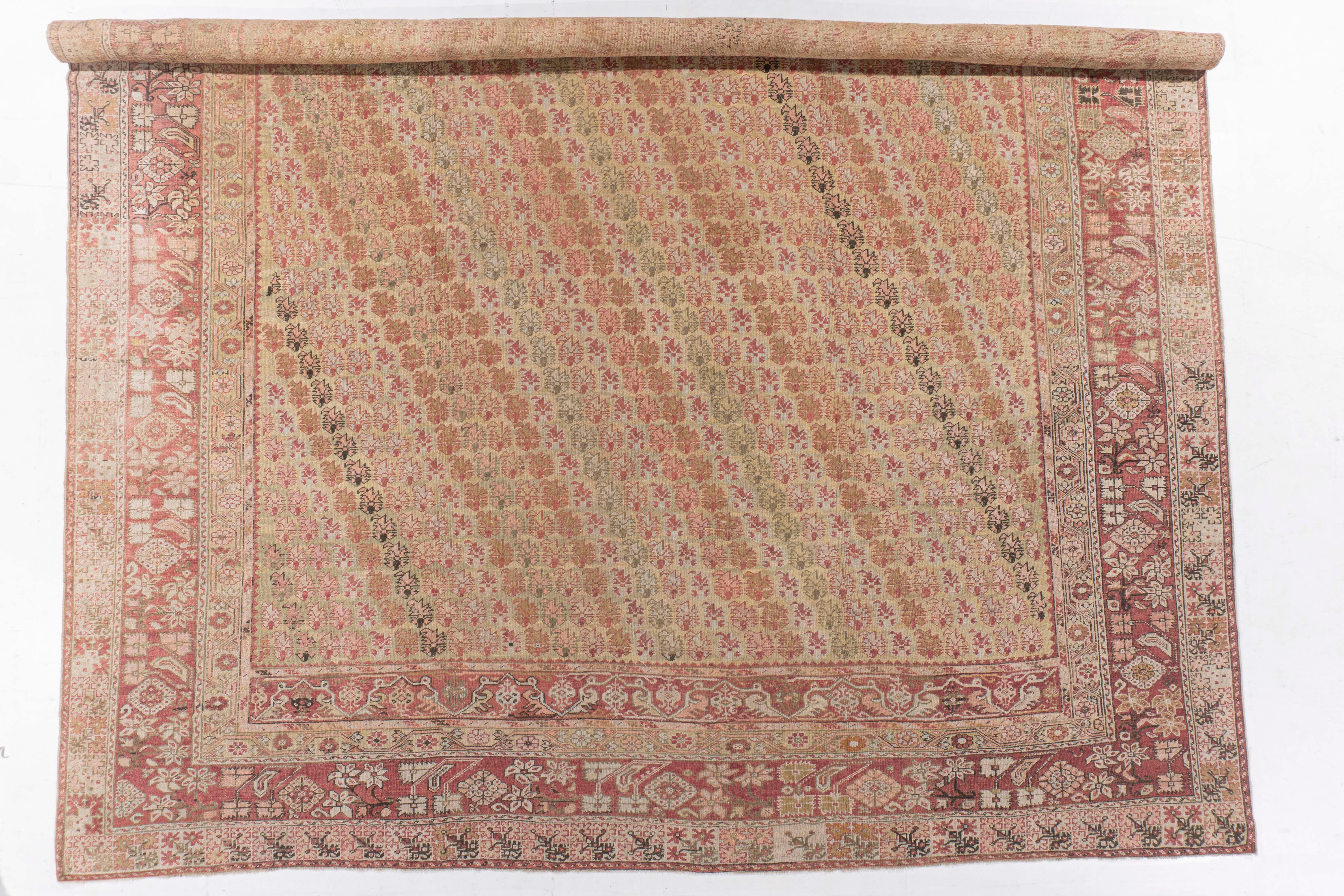 Antiker, handgeknüpfter, weicher, pfirsichfarbener, türkischer Ghiordes-Teppich aus der Zeit um 1870 13'8 X 17'7 im Angebot 7
