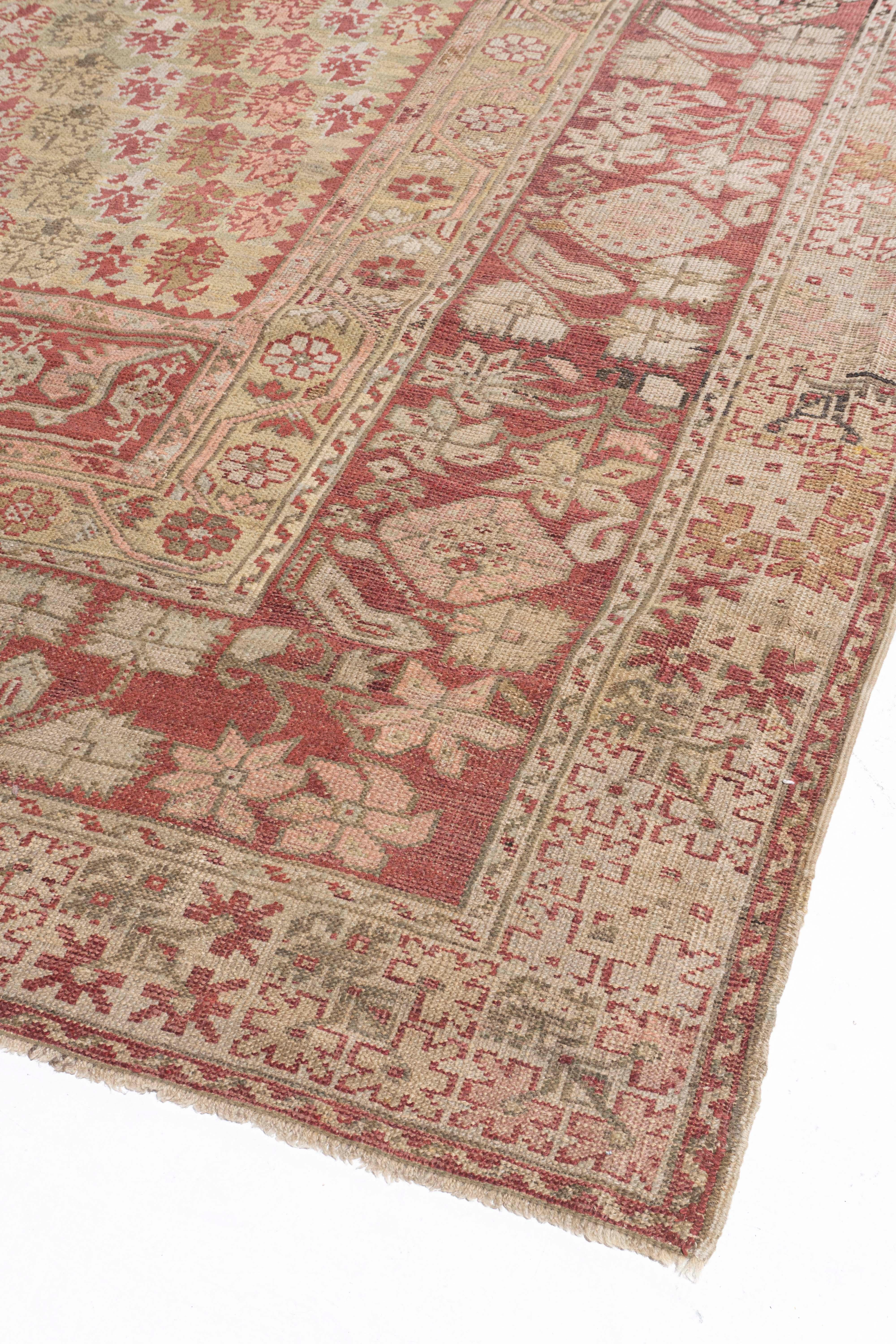 Antiker, handgeknüpfter, weicher, pfirsichfarbener, türkischer Ghiordes-Teppich aus der Zeit um 1870 13'8 X 17'7 im Angebot 8