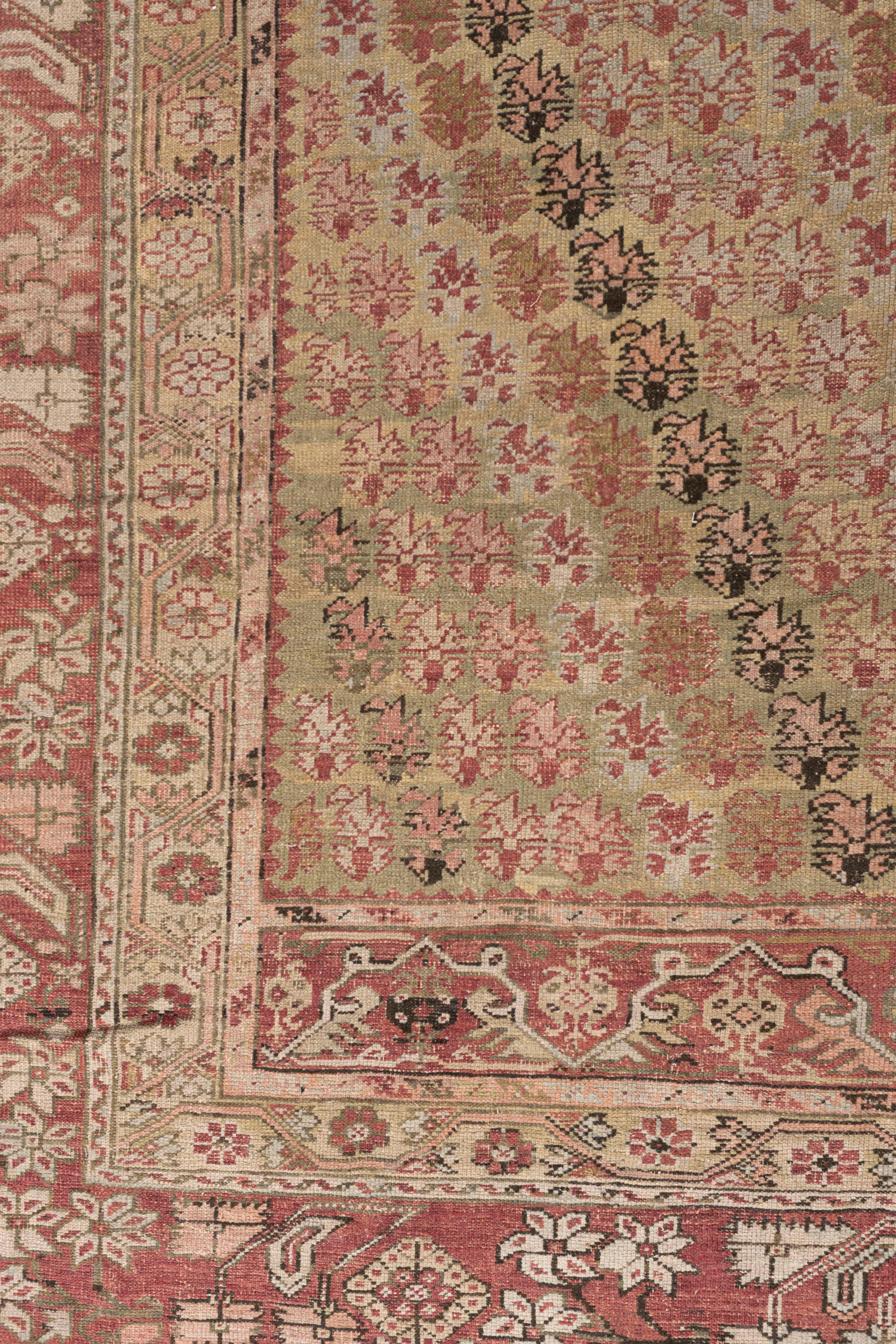 Antiker, handgeknüpfter, weicher, pfirsichfarbener, türkischer Ghiordes-Teppich aus der Zeit um 1870 13'8 X 17'7 im Angebot 2