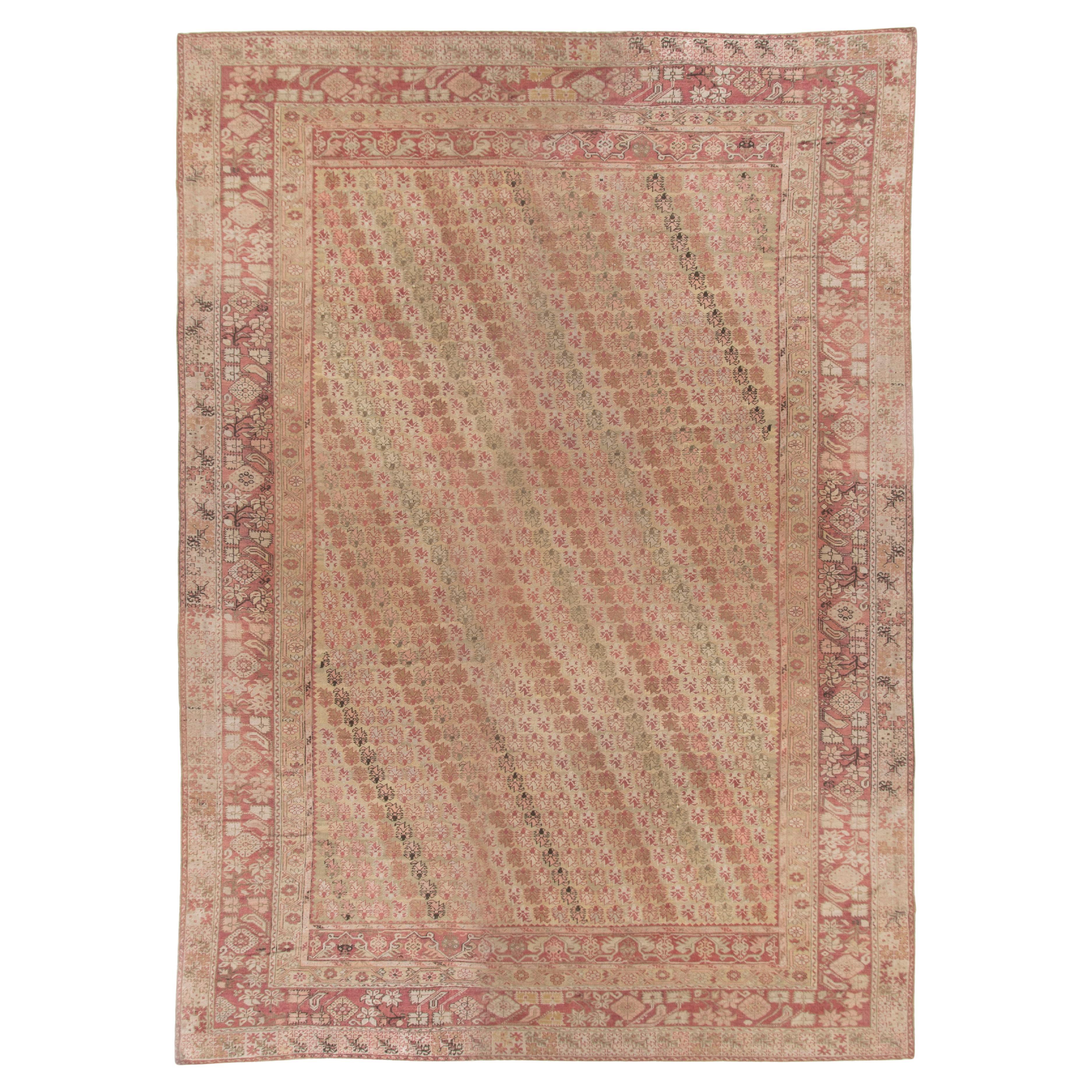 Antiker, handgeknüpfter, weicher, pfirsichfarbener, türkischer Ghiordes-Teppich aus der Zeit um 1870 13'8 X 17'7