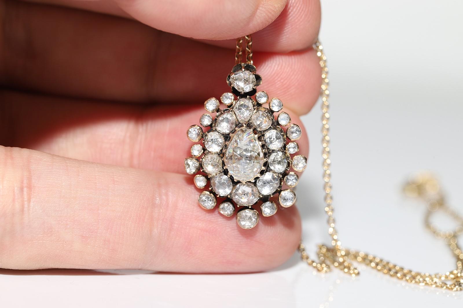 Antique datant des années 1870, or 14 carats, diamant naturel taille rose  Collier à pendentifs en forme de goutte en vente 5