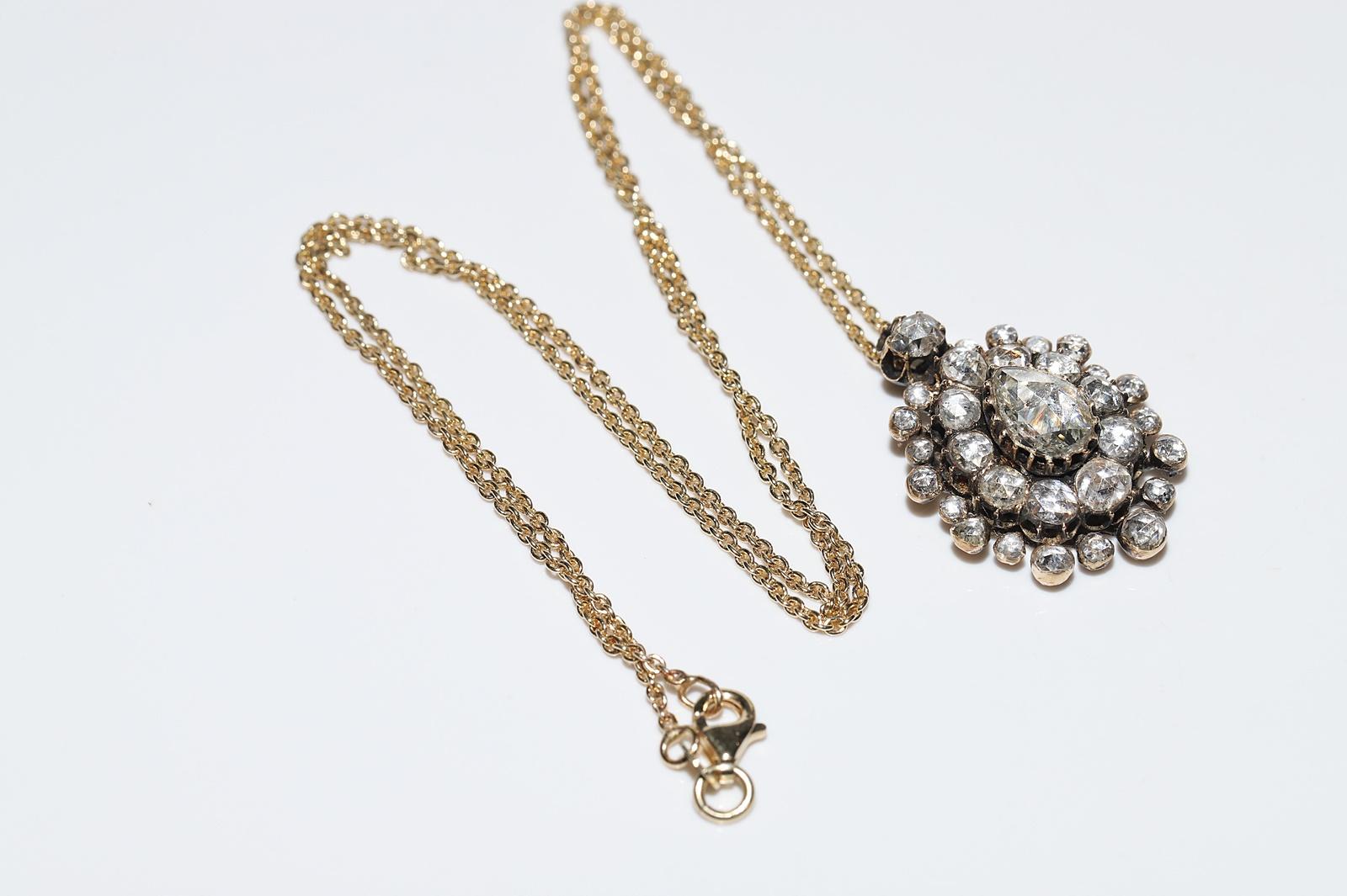 Antique Circa 1870s 14k Gold Natural Rose Cut Diamond  Drop Pendant Necklace  For Sale 7