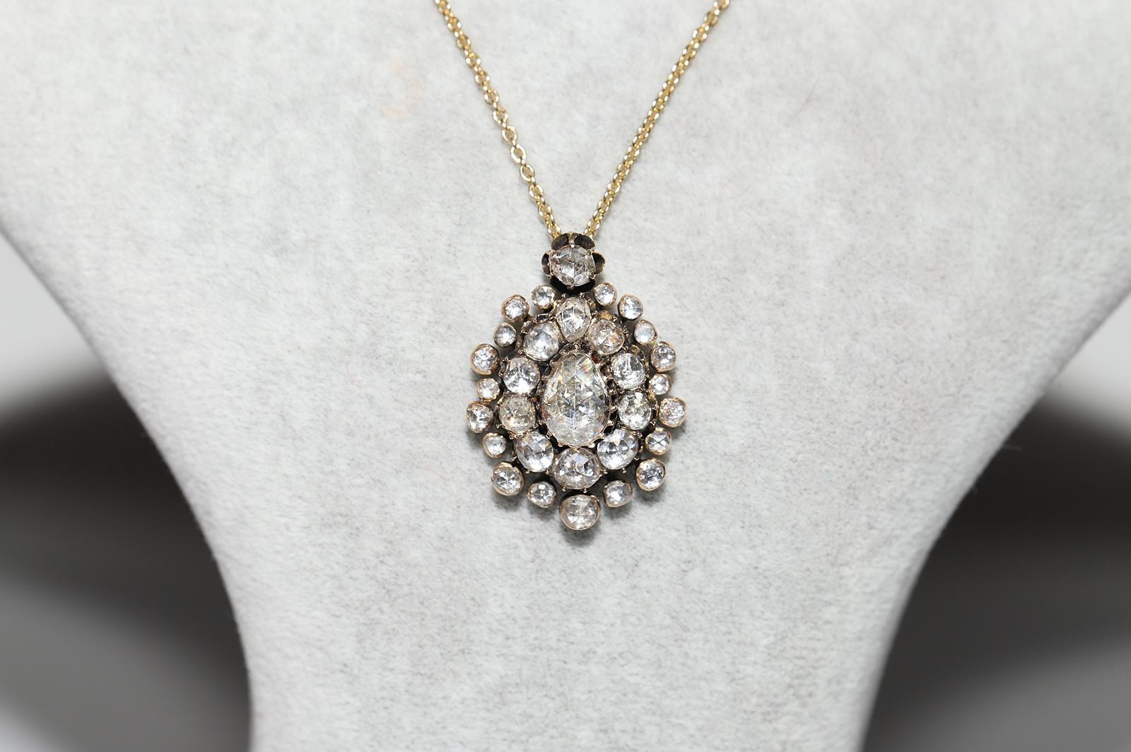 Victorian Antique Circa 1870s 14k Gold Natural Rose Cut Diamond  Drop Pendant Necklace  For Sale