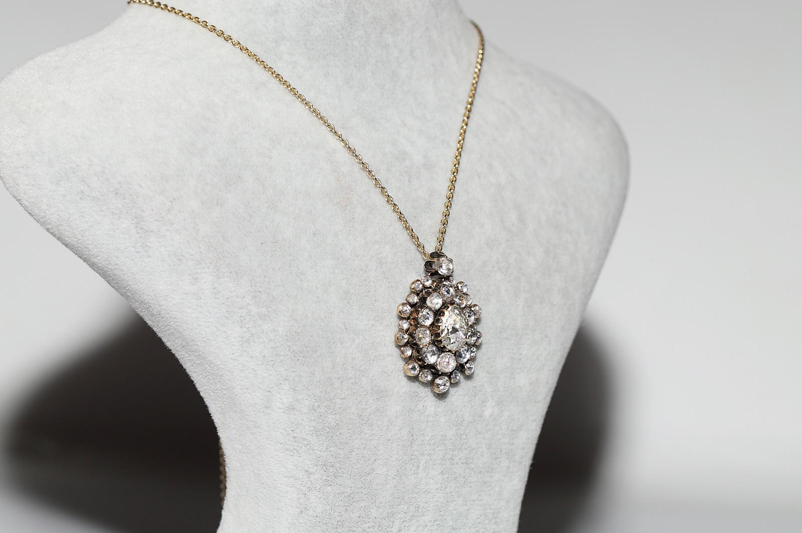 Women's Antique Circa 1870s 14k Gold Natural Rose Cut Diamond  Drop Pendant Necklace  For Sale