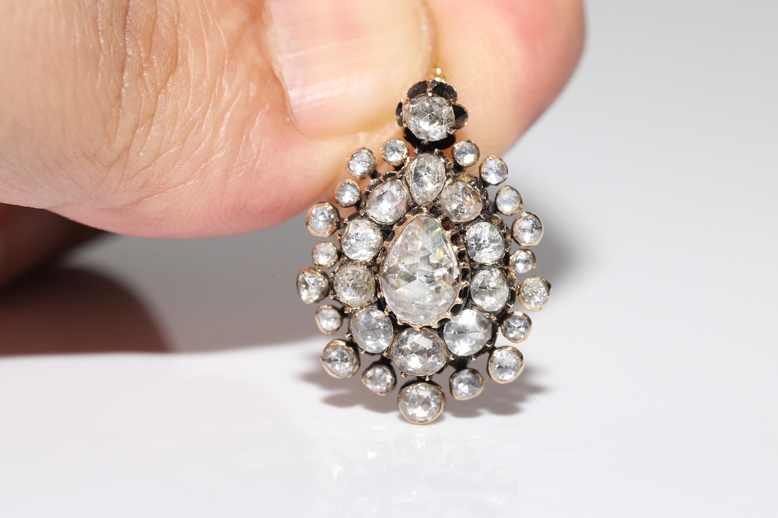 Antique Circa 1870s 14k Gold Natural Rose Cut Diamond  Drop Pendant Necklace  For Sale 1