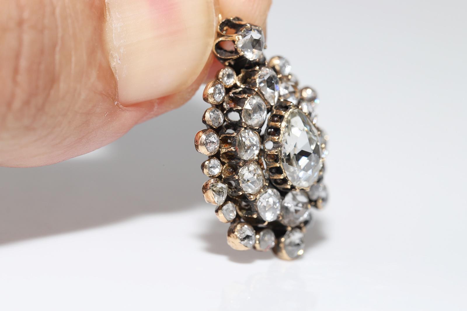 Antique datant des années 1870, or 14 carats, diamant naturel taille rose  Collier à pendentifs en forme de goutte en vente 1