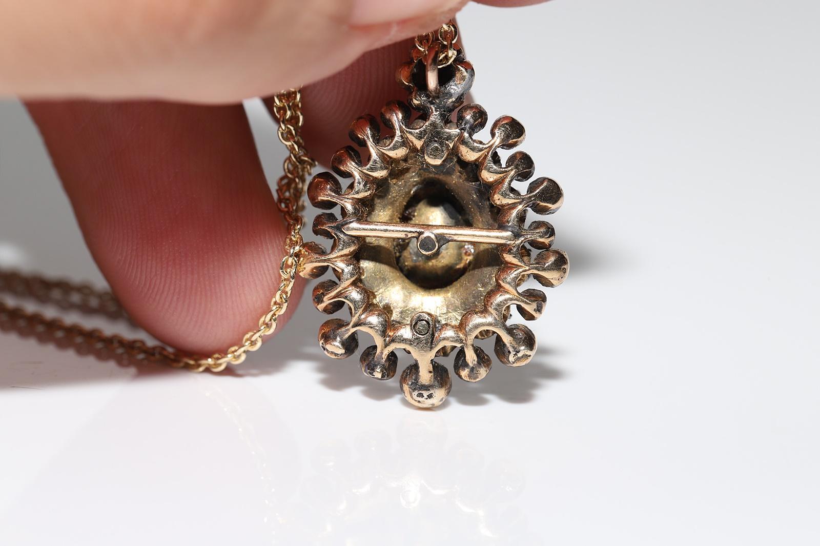 Antique Circa 1870s 14k Gold Natural Rose Cut Diamond  Drop Pendant Necklace  For Sale 3