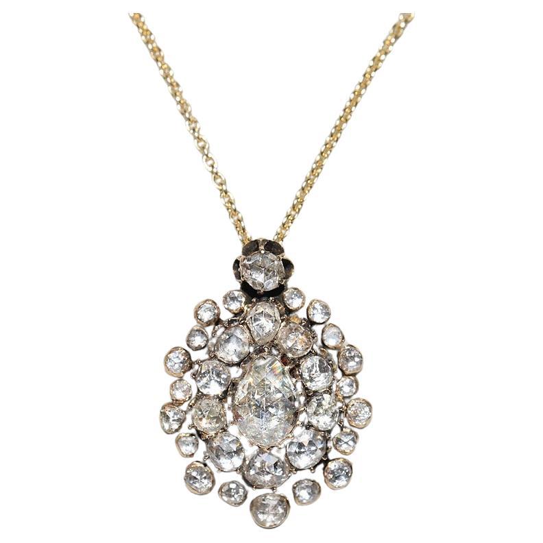 Antique Circa 1870s 14k Gold Natural Rose Cut Diamond  Drop Pendant Necklace  For Sale