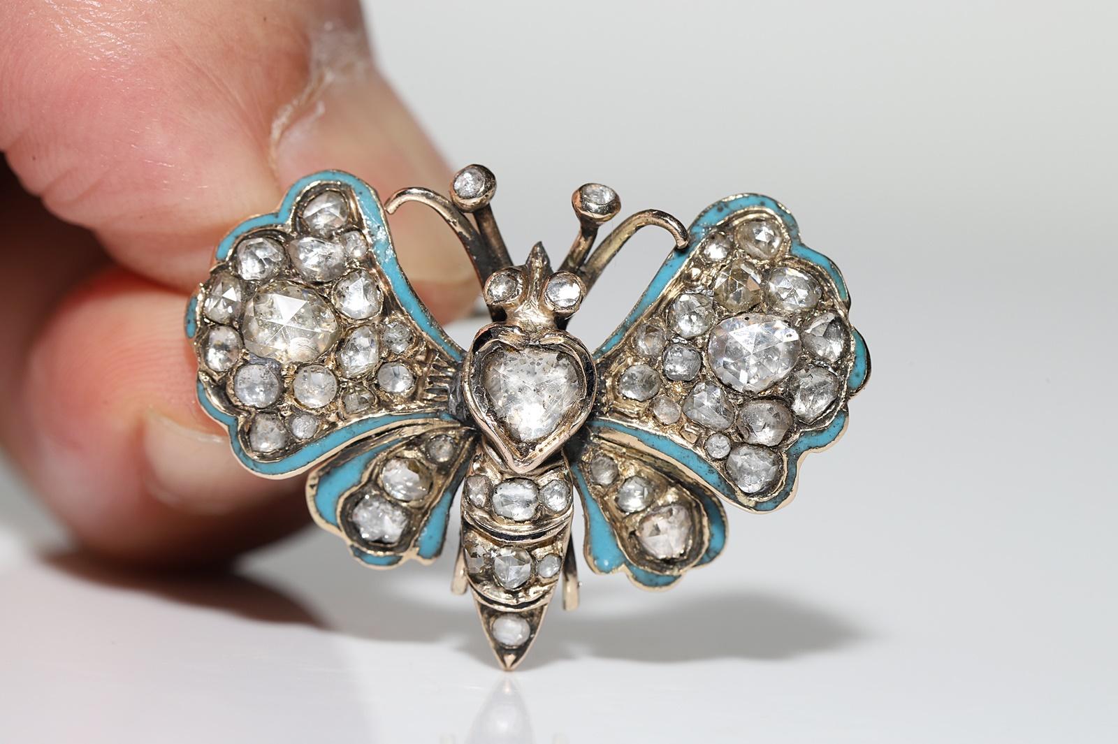 Antique Circa 1870s 14k Gold Natural Rose Cut Diamond Enamel  Butterfly Brooch  In Good Condition For Sale In Fatih/İstanbul, 34