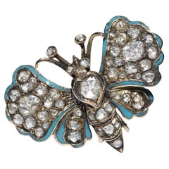Antique Circa 1870s 14k Gold Natural Rose Cut Diamond Enamel  Butterfly Brooch 