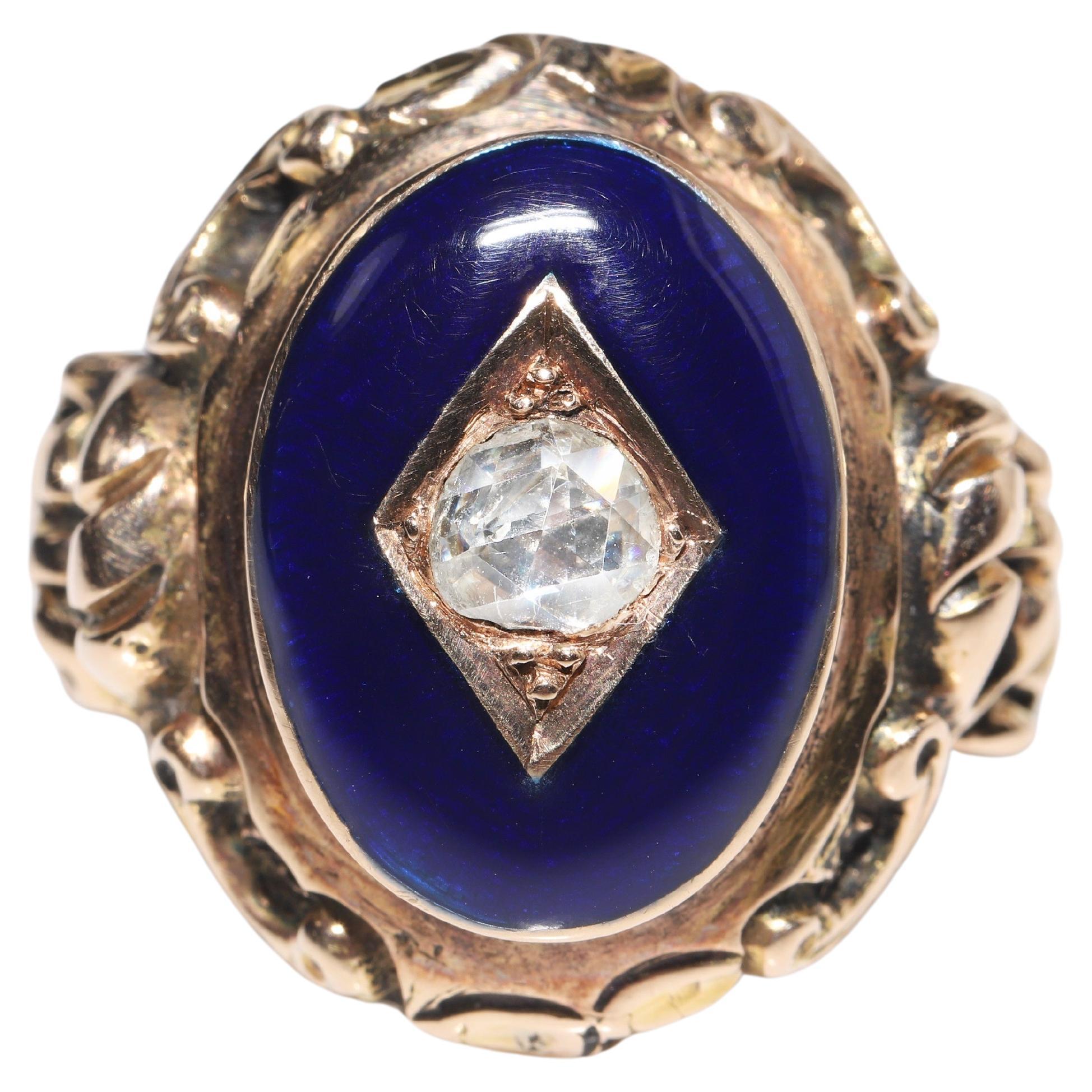 Antique Circa 1870s 14k Gold Natural Rose Cut Diamond Enemal Solitaire Ring