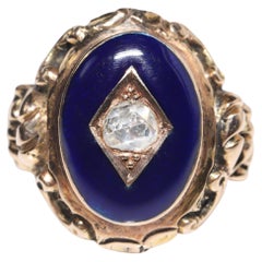 Antique Circa 1870s 14k Gold Natural Rose Cut Diamond Enemal Solitaire Ring