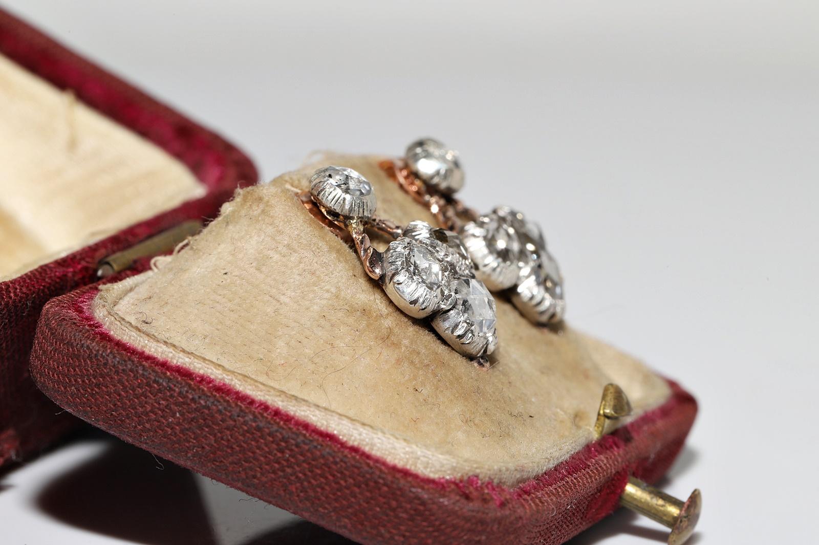 Antiker 14k Gold Top Silber Natürlicher Diamant Dekorierter Ohrring, um 1870er Jahre (Viktorianisch) im Angebot