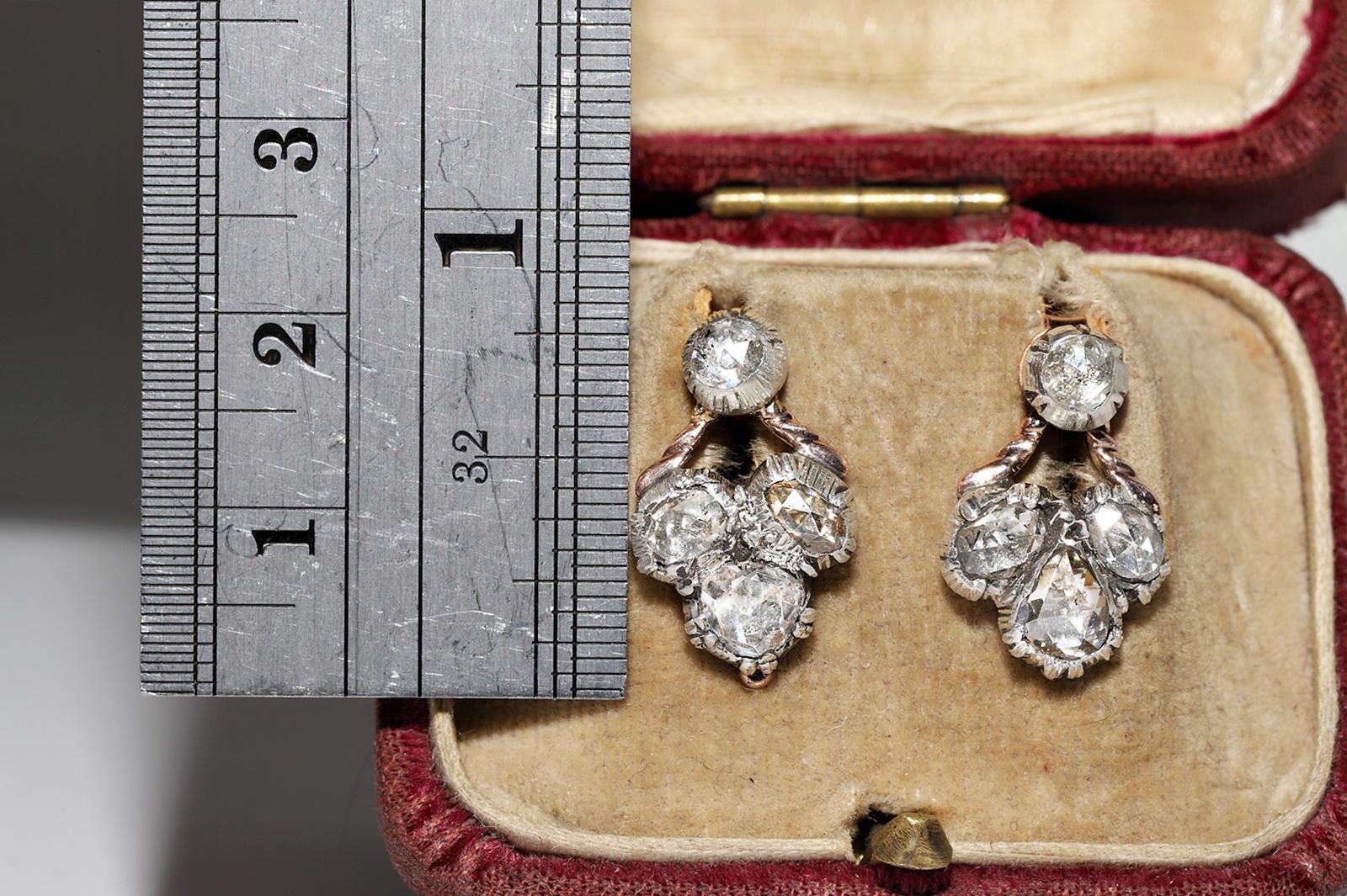 Rose Cut Antique Circa 1870s 14k Gold Top Silver Natural Diamond Decorated Earring For Sale