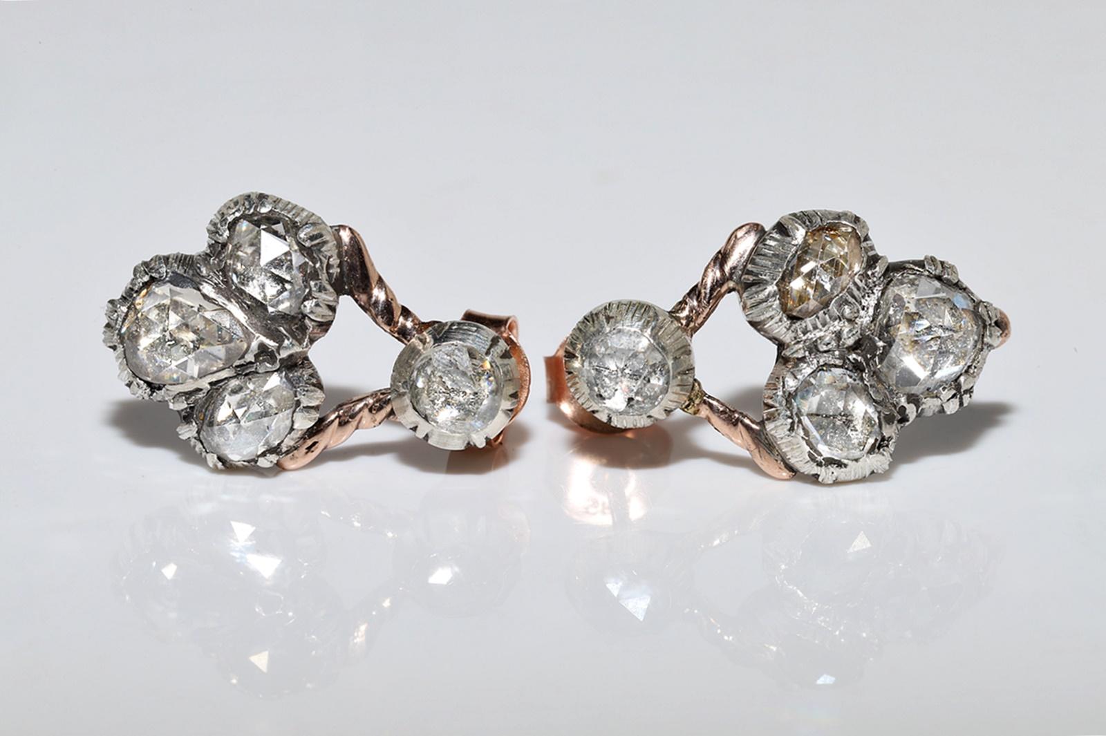 Antiker 14k Gold Top Silber Natürlicher Diamant Dekorierter Ohrring, um 1870er Jahre Damen im Angebot