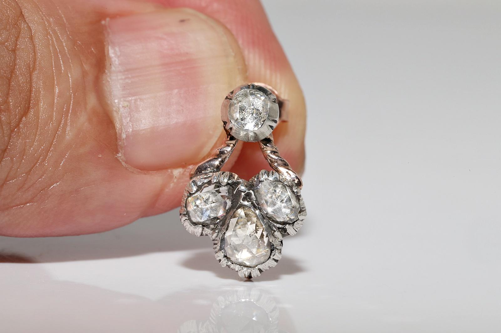 Antiker 14k Gold Top Silber Natürlicher Diamant Dekorierter Ohrring, um 1870er Jahre im Angebot 1