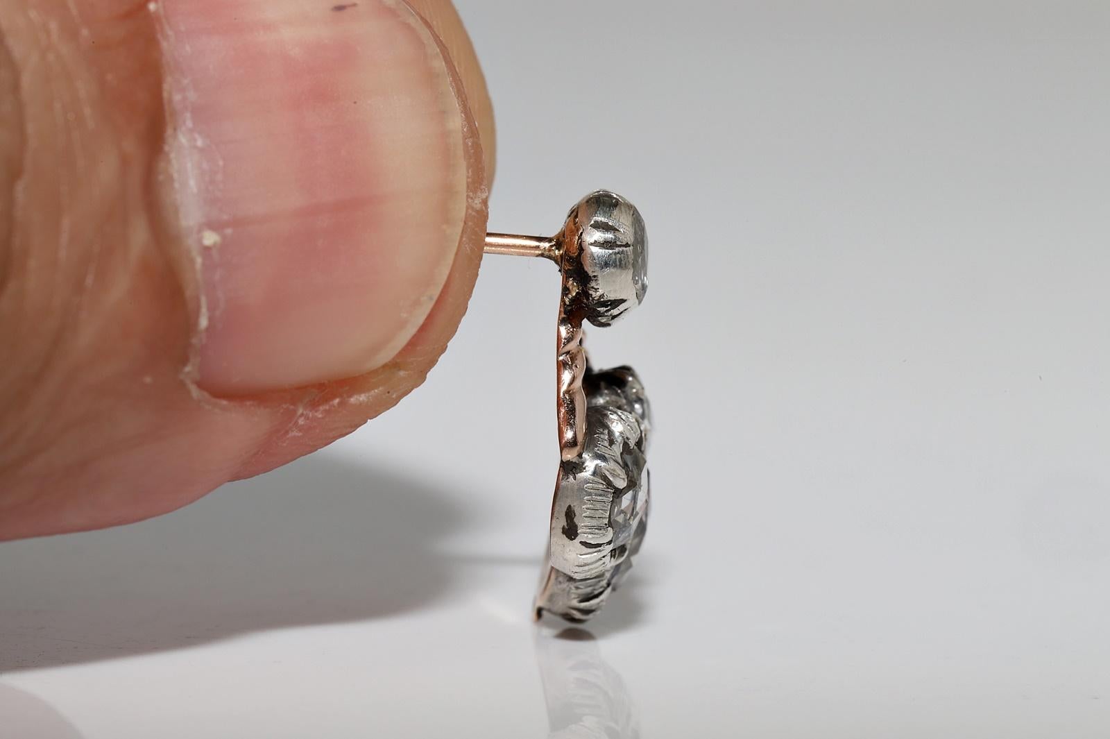 Antiker 14k Gold Top Silber Natürlicher Diamant Dekorierter Ohrring, um 1870er Jahre im Angebot 3