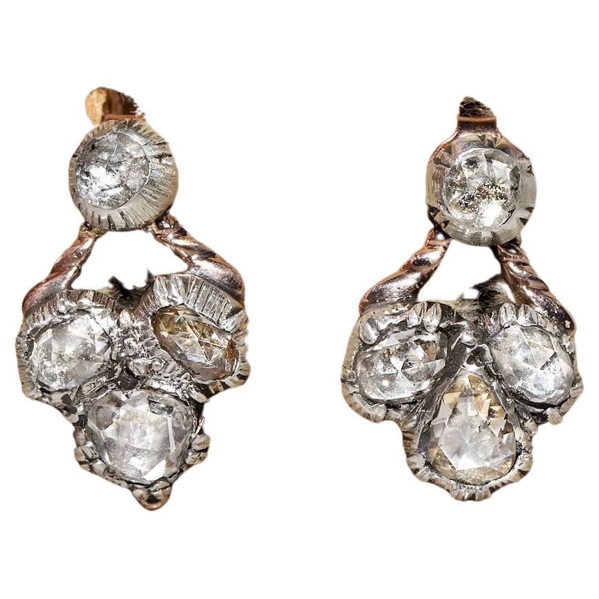 Antique Circa 1870s 14k Gold Top Silver Natural Diamond Decorated Earring For Sale