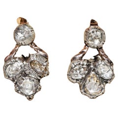 Antique Circa 1870s 14k Gold Top Silver Natural Diamond Decorated Earring