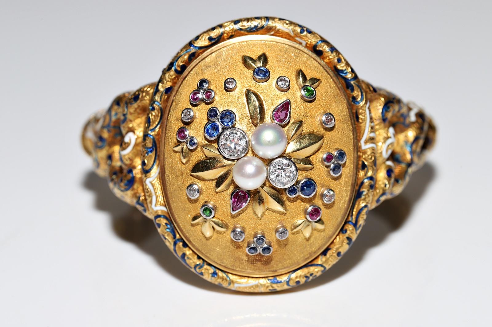 Brilliant Cut Antique Circa 1870s 18k Gold Natural Diamond Sapphire And Ruby Bracelet  For Sale
