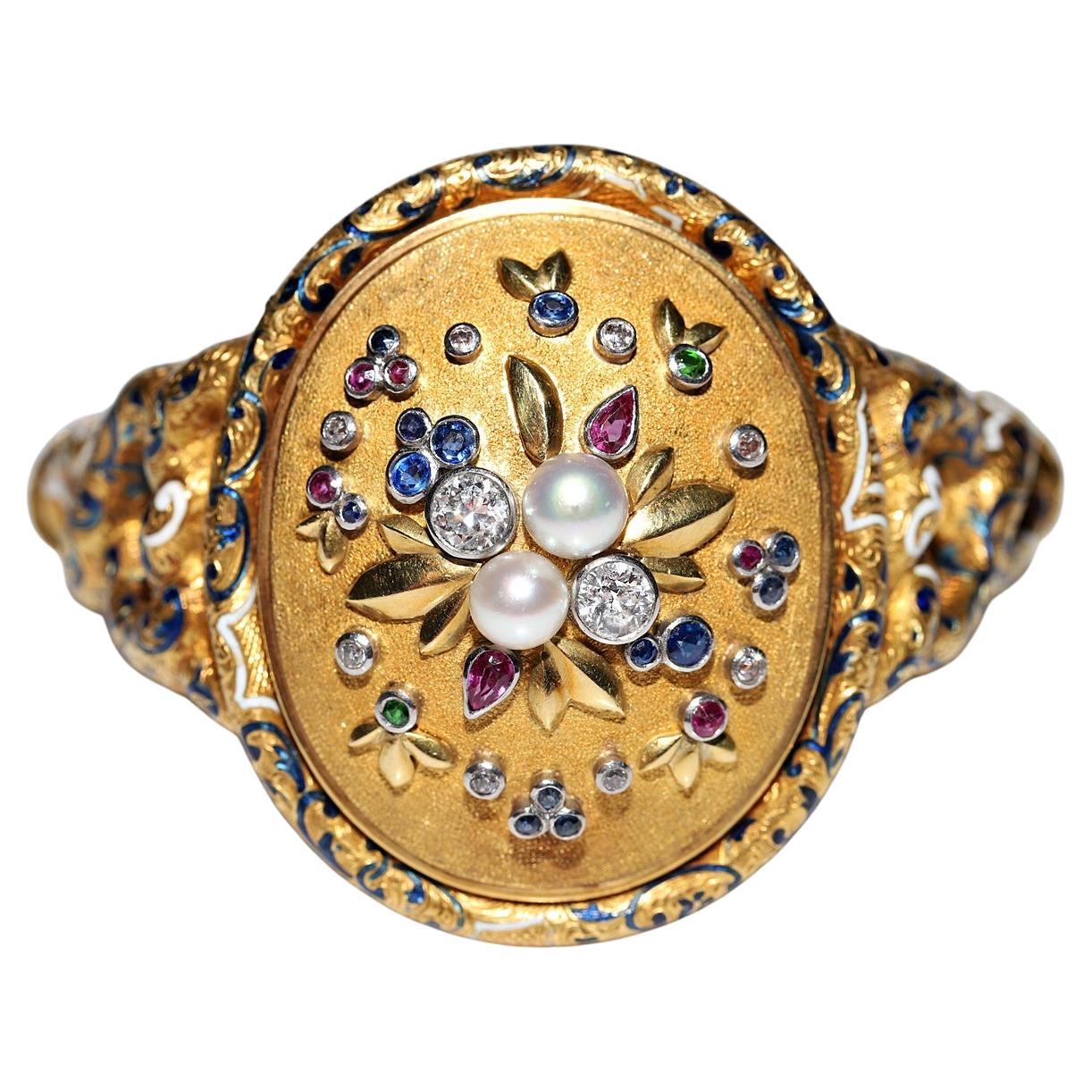 Bracelet ancien des années 1870 en or 18 carats avec diamants naturels, saphirs et rubis 
