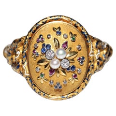 Bracelet ancien des années 1870 en or 18 carats avec diamants naturels, saphirs et rubis 