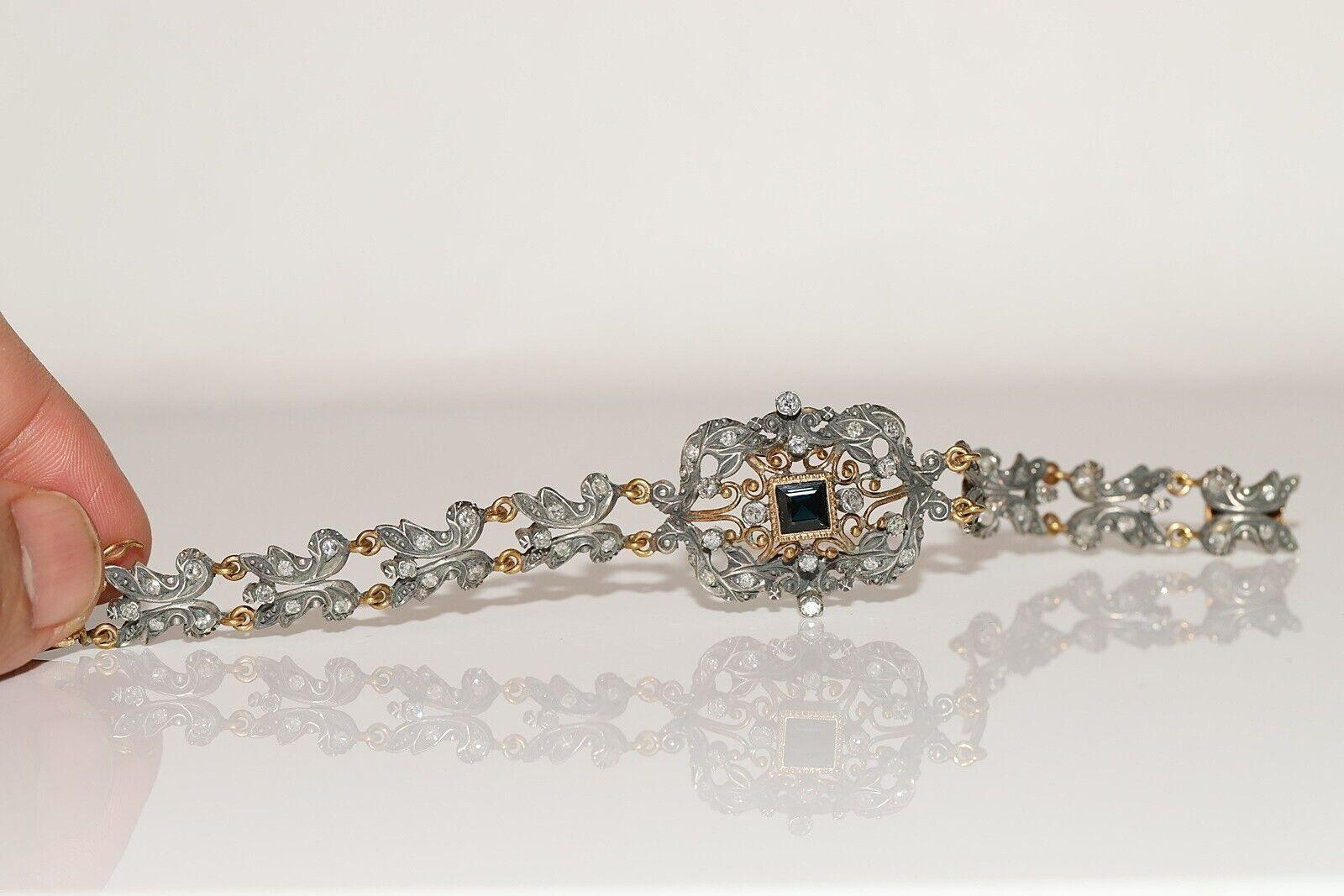 Antique Circa 1870s 18k Gold Top Silver Natural Diamond And Sapphire Bracelet For Sale 7