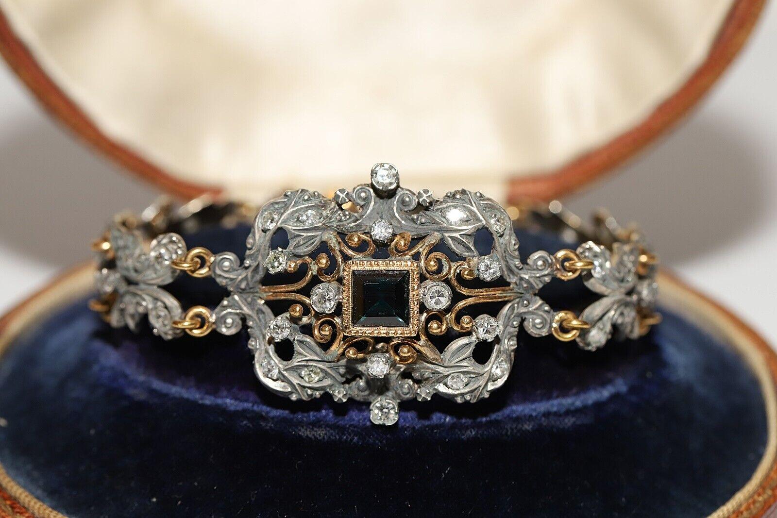 Antique Circa 1870s 18k Gold Top Silver Natural Diamond And Sapphire Bracelet For Sale 11