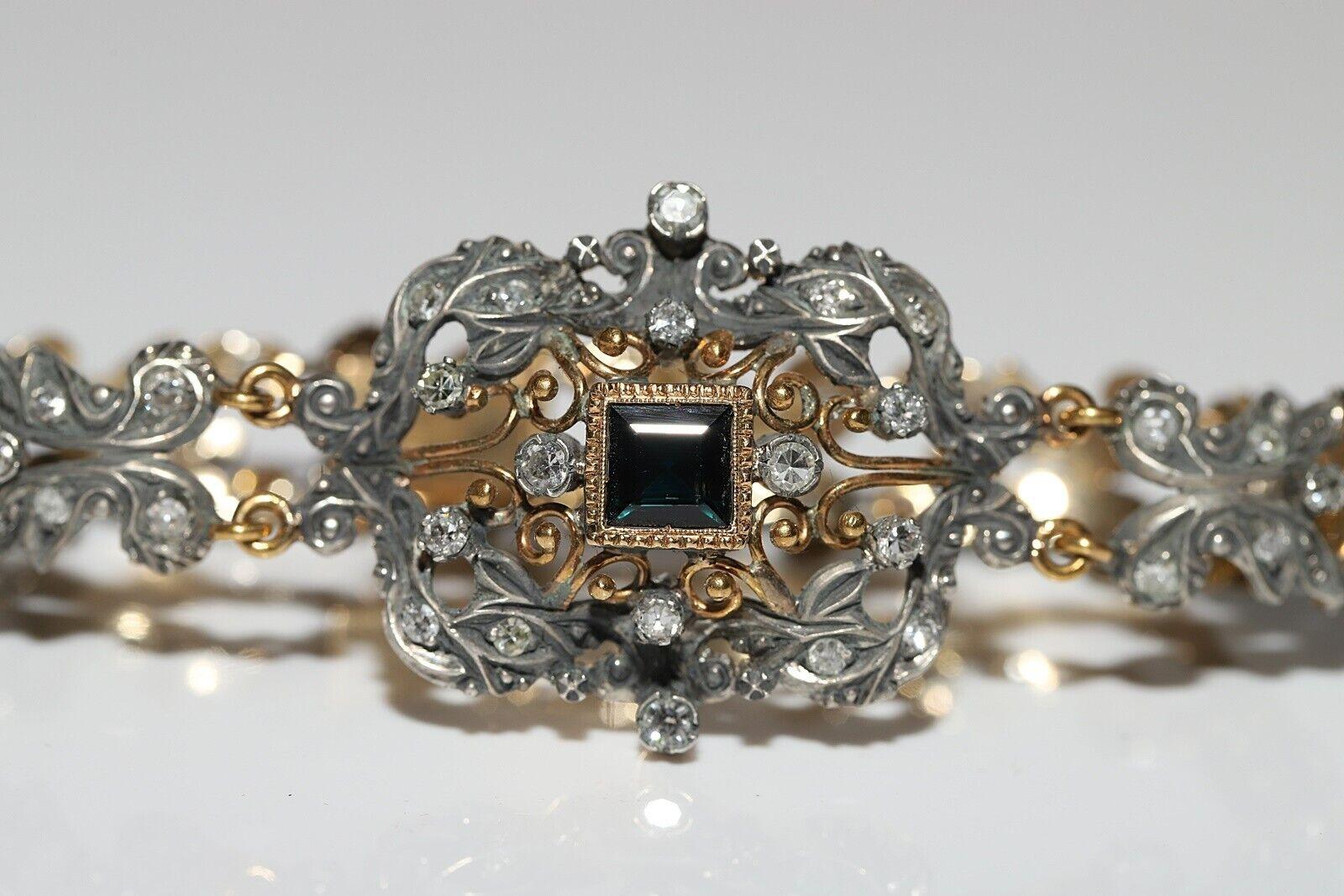 Victorian Antique Circa 1870s 18k Gold Top Silver Natural Diamond And Sapphire Bracelet For Sale