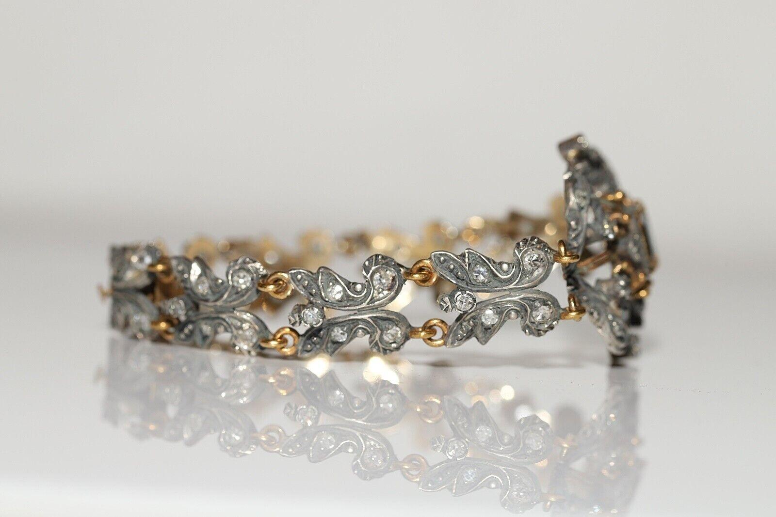 Brilliant Cut Antique Circa 1870s 18k Gold Top Silver Natural Diamond And Sapphire Bracelet For Sale