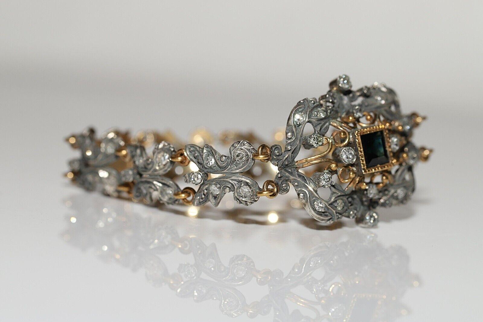 Antique Circa 1870s 18k Gold Top Silver Natural Diamond And Sapphire Bracelet In Good Condition For Sale In Fatih/İstanbul, 34