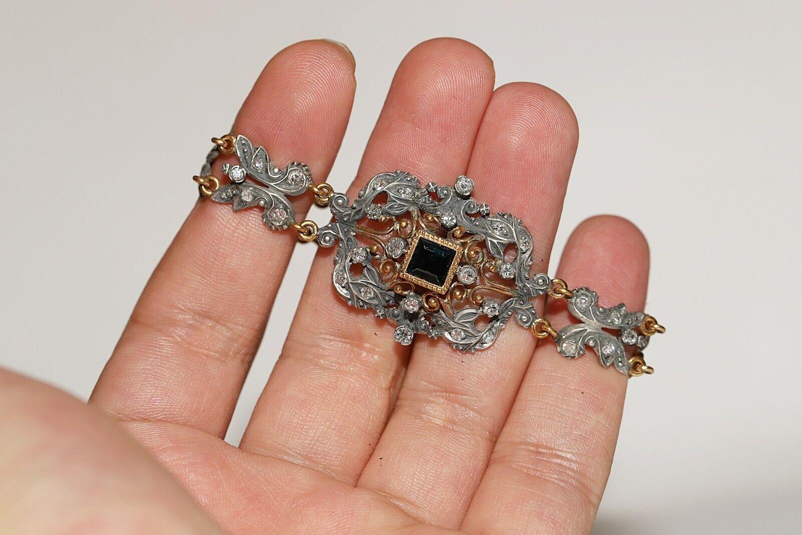 Antique Circa 1870s 18k Gold Top Silver Natural Diamond And Sapphire Bracelet For Sale 3