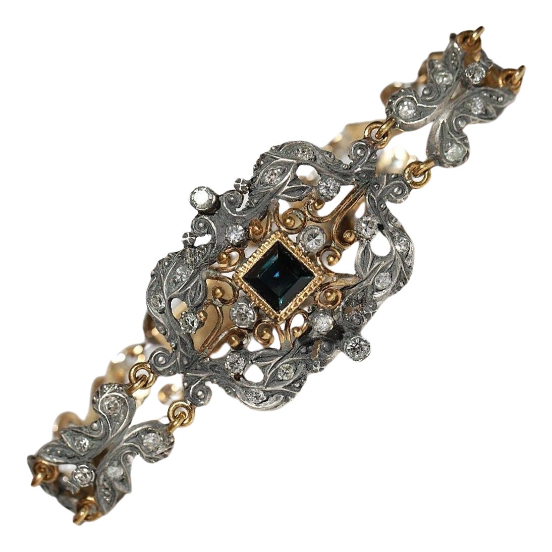Antique Circa 1870s 18k Gold Top Silver Natural Diamond And Sapphire Bracelet