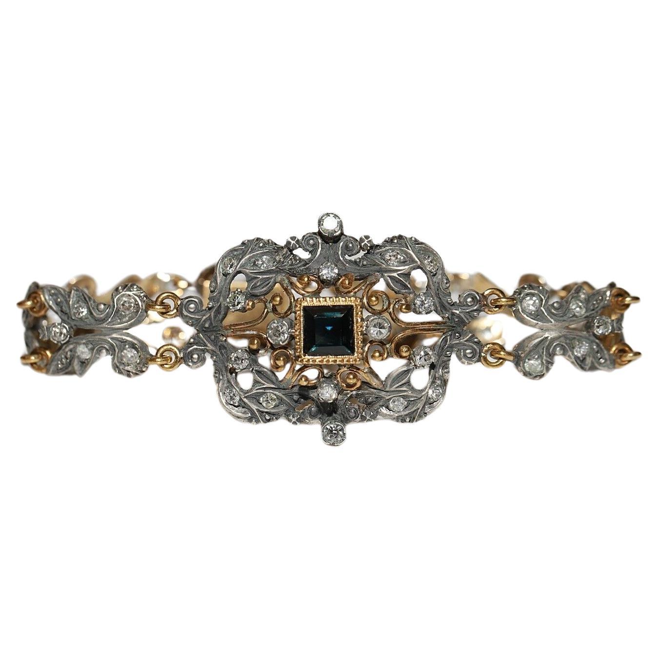 Antique Circa 1870s 18k Gold Top Silver Natural Diamond And Sapphire Bracelet For Sale